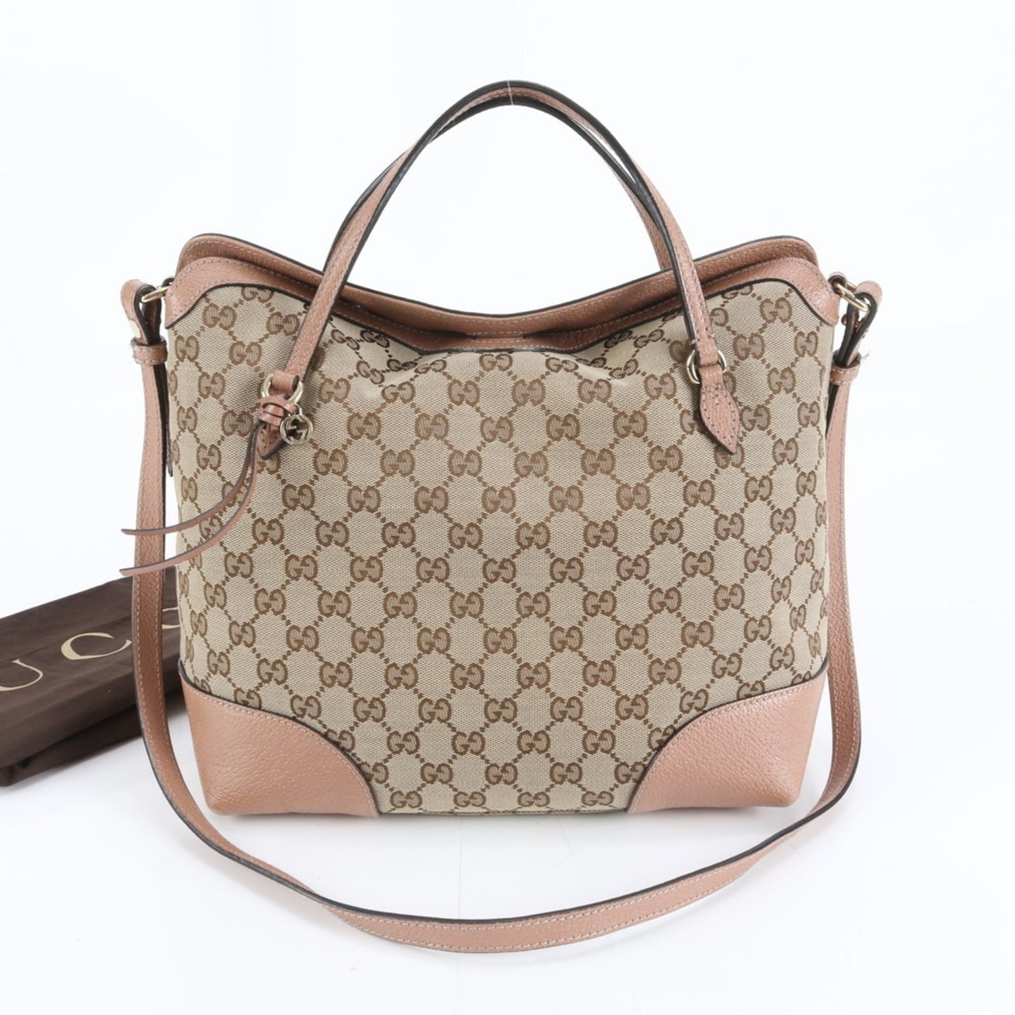 Gucci Pink Beige Leather Canvas Tote Bag