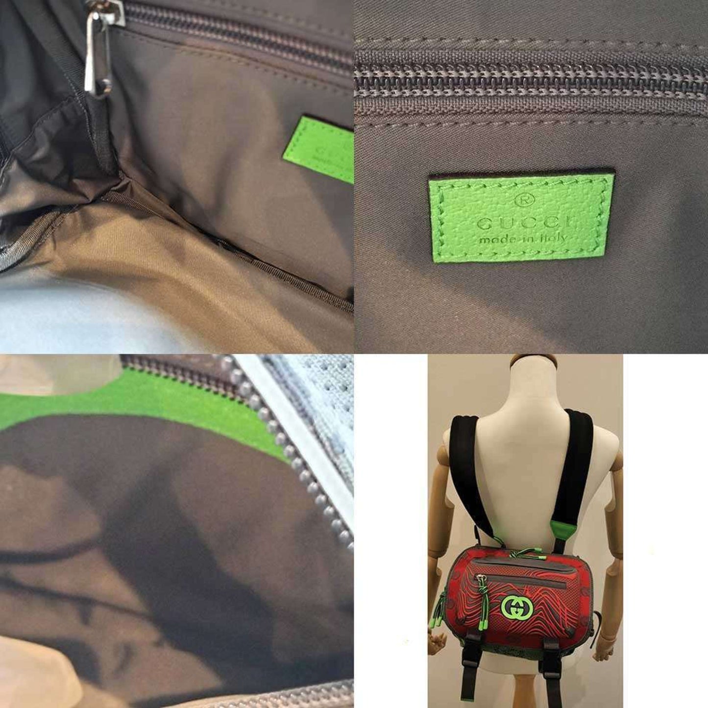 Gucci Gray Green Red Color Nylon Backpack Fanny Pack