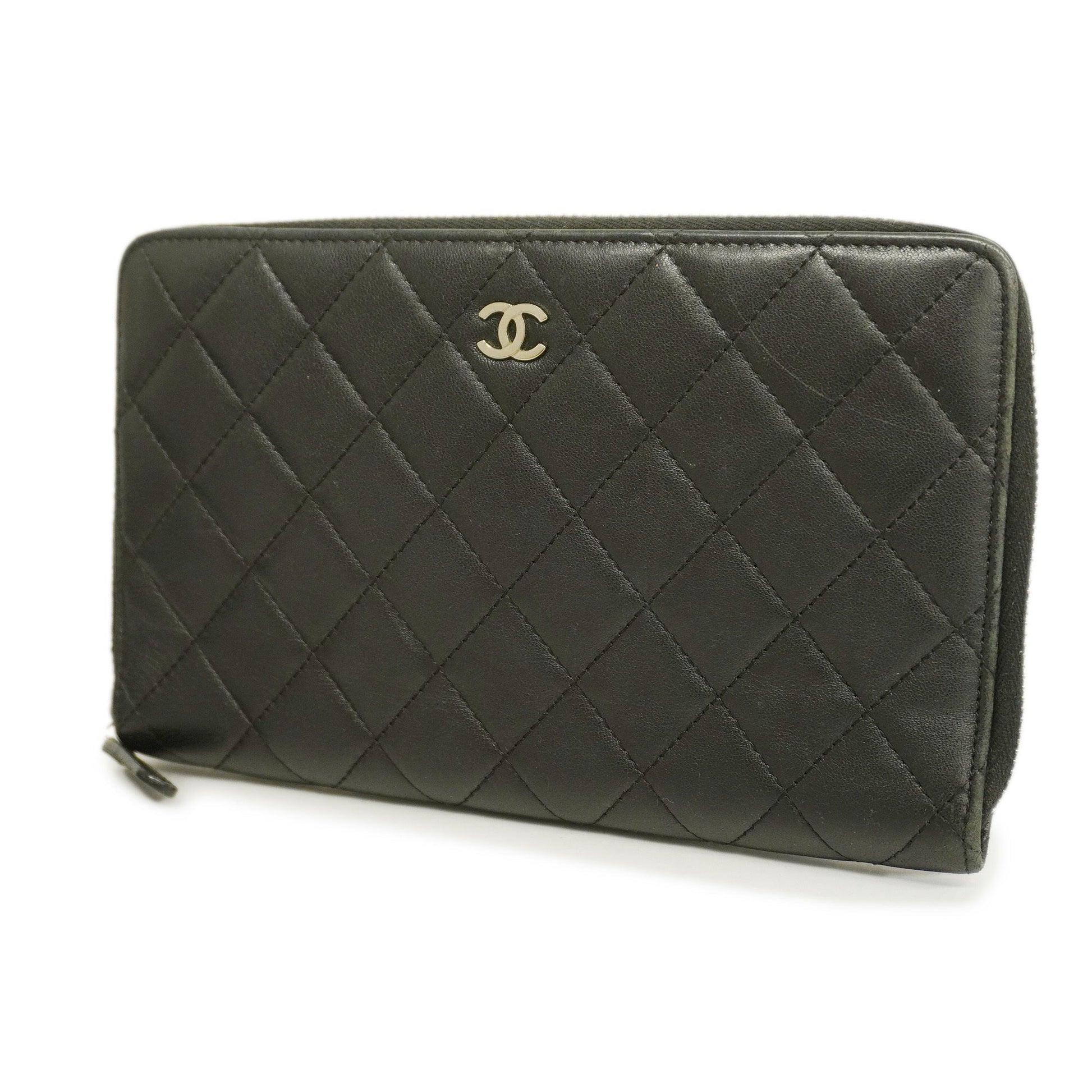 ChanelAuth  Matelasse Silver Metal Fittings Women's Lambskin Long Wallet