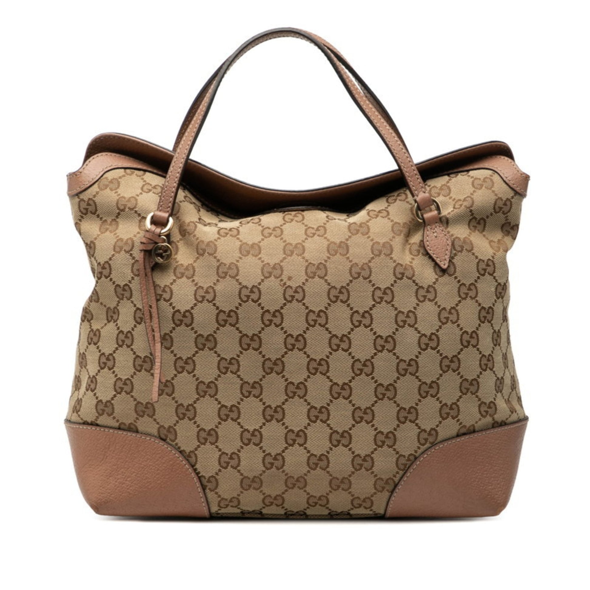 Gucci Gg Canvas Beige Brown Gg Canvas Leather Handbag Tote Bag