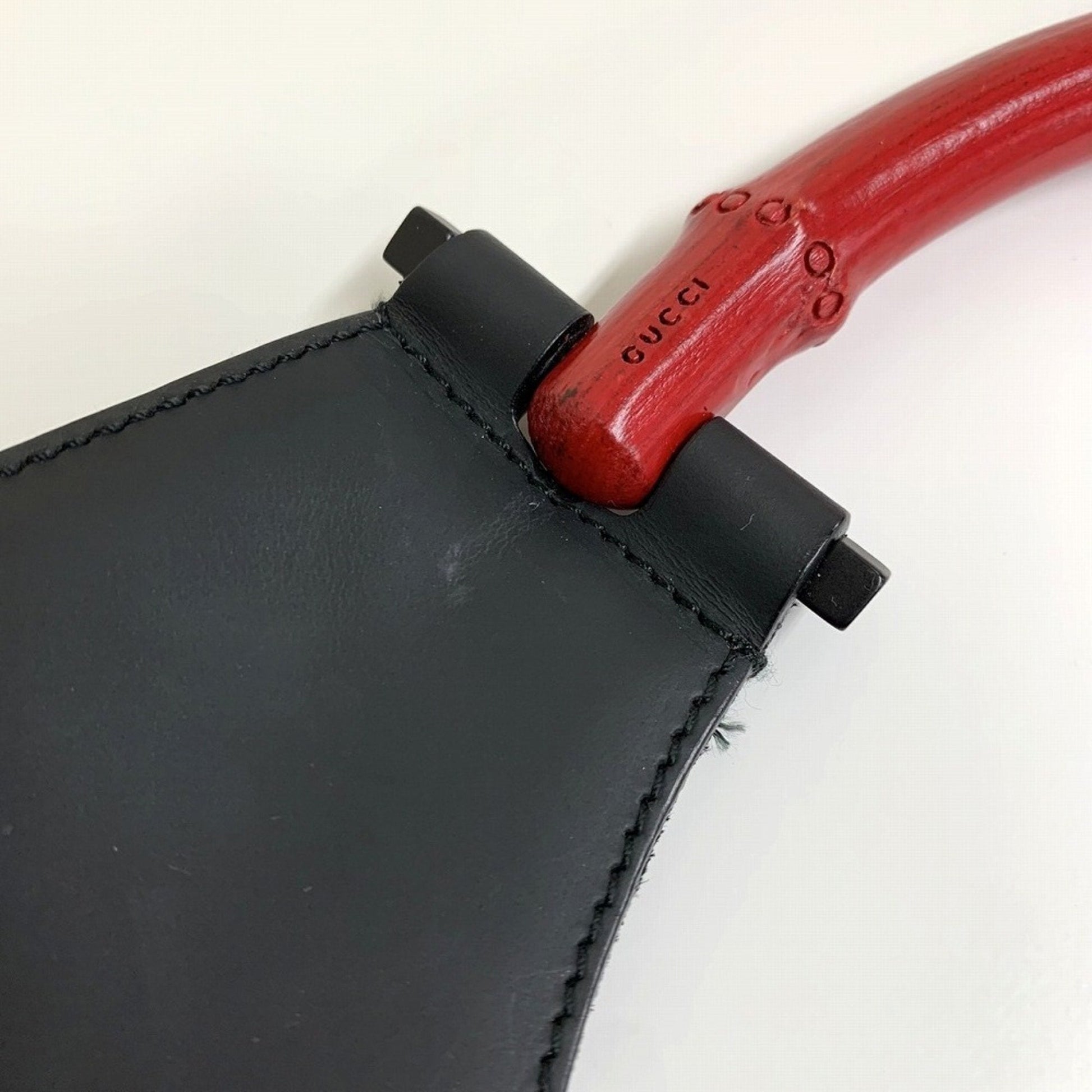 Gucci Black Red Color Leather Bamboo Shoulder Bag