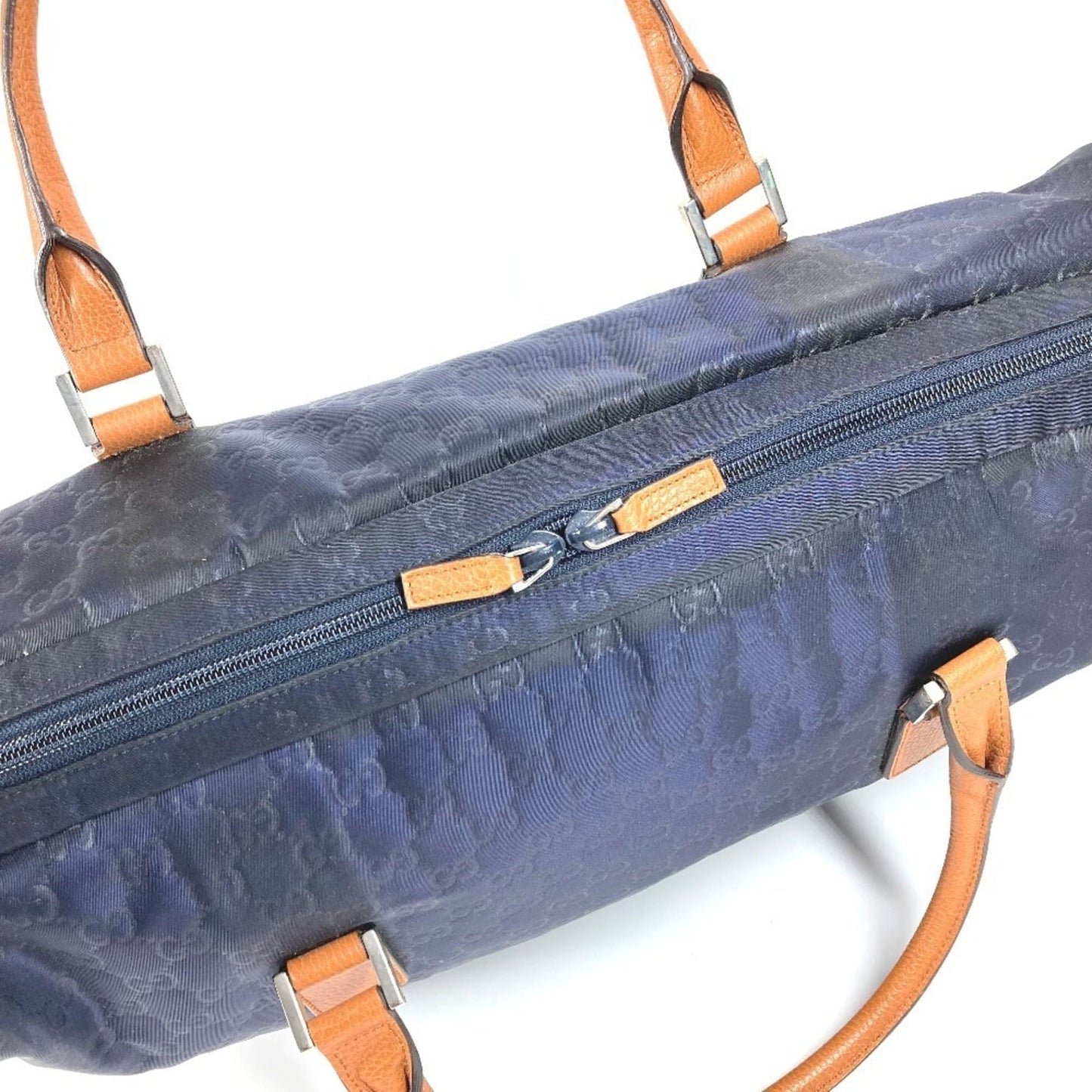 Gucci Brown Navy Nylon Leather Boston Bag