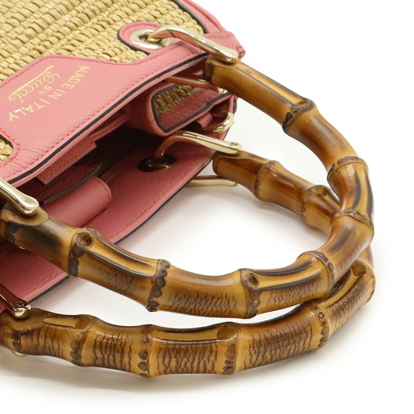 Gucci Pink Straw Leather Bamboo Handbag Shoulder Bag