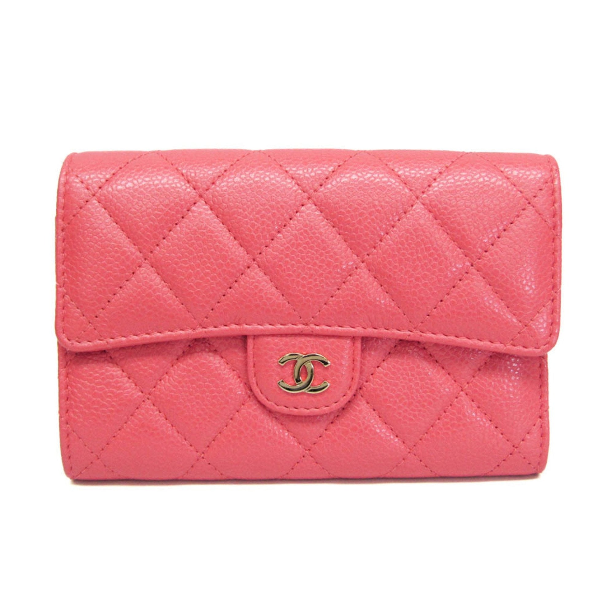 Chanel Matelasse Women's Caviar Leather Middle Wallet (tri-fold) Pink