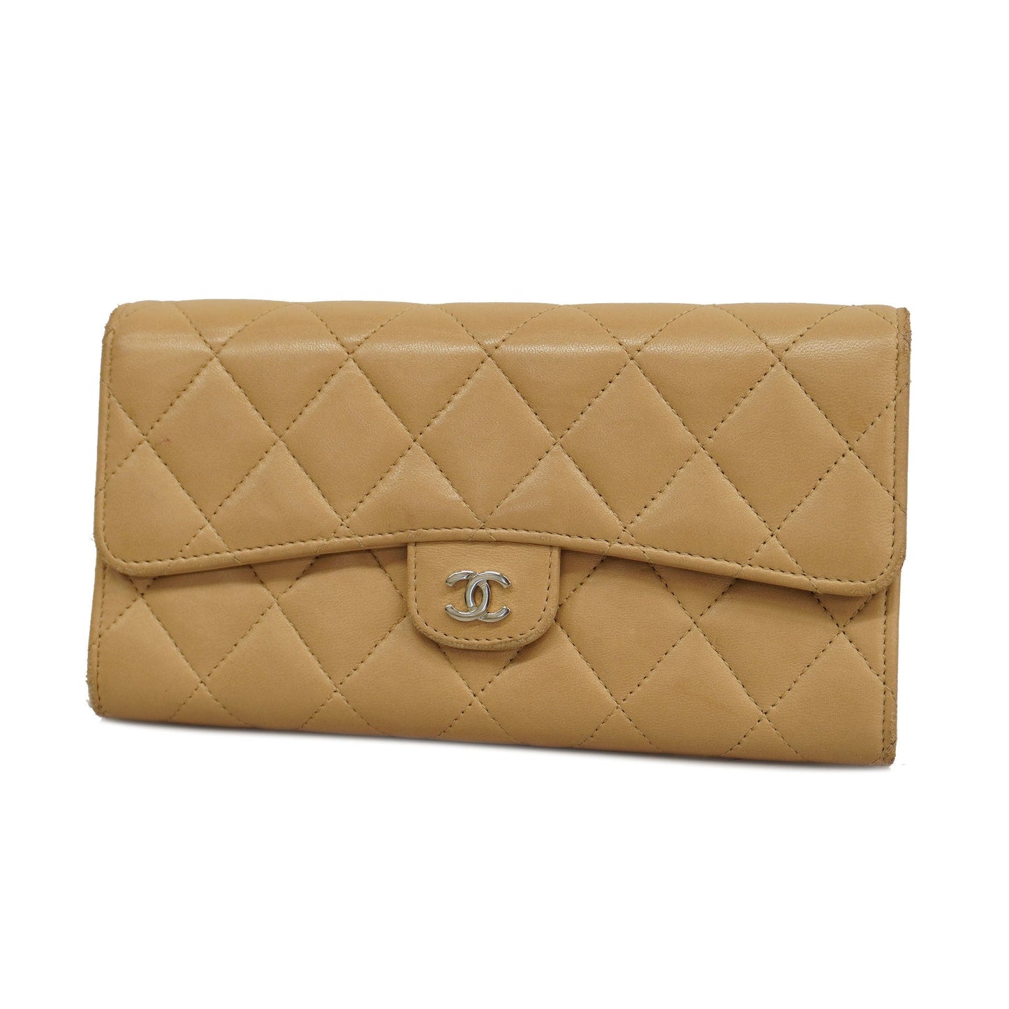 ChanelAuth  Matelasse Silver Metal Fittings Women's Lambskin Wallet Beige