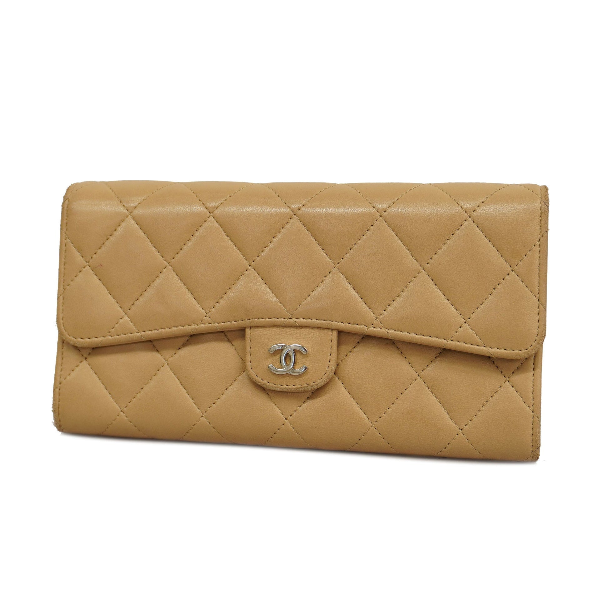 ChanelAuth  Matelasse Silver Metal Fittings Women's Lambskin Wallet Beige