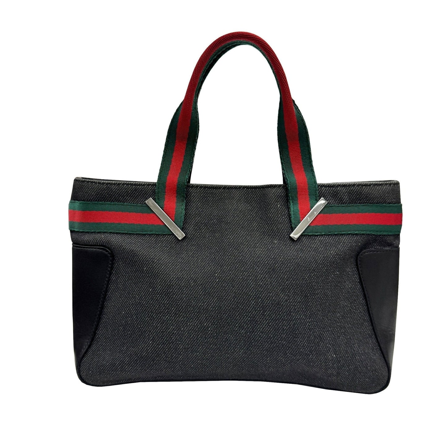 Gucci Sherry Line Black Denim Leather Handbag Tote Bag