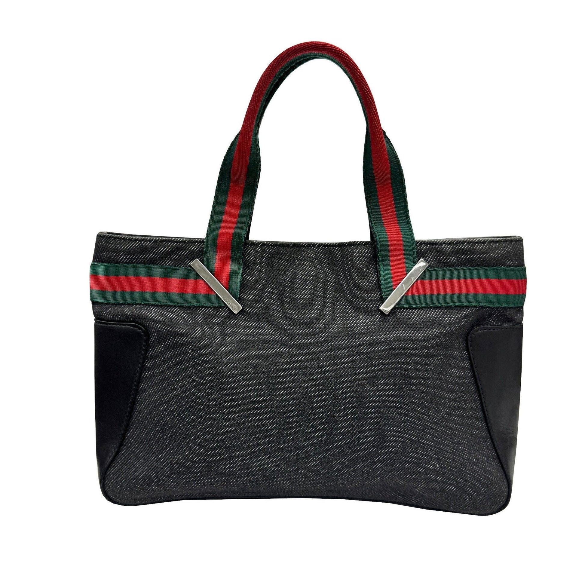 Gucci Sherry Line Black Denim Leather Handbag Tote Bag