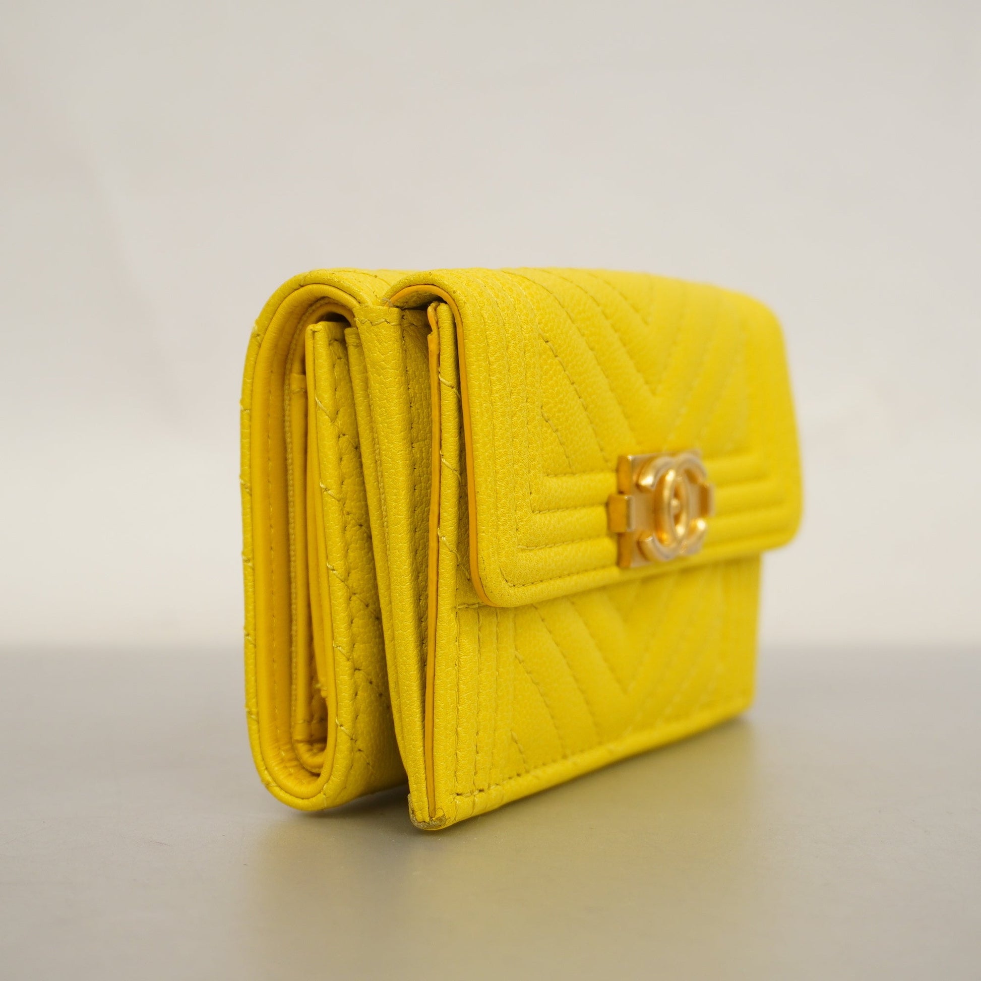ChanelAuth  Boy  Tri-fold Wallet Boy  V Stitch Gold Hardware Women's