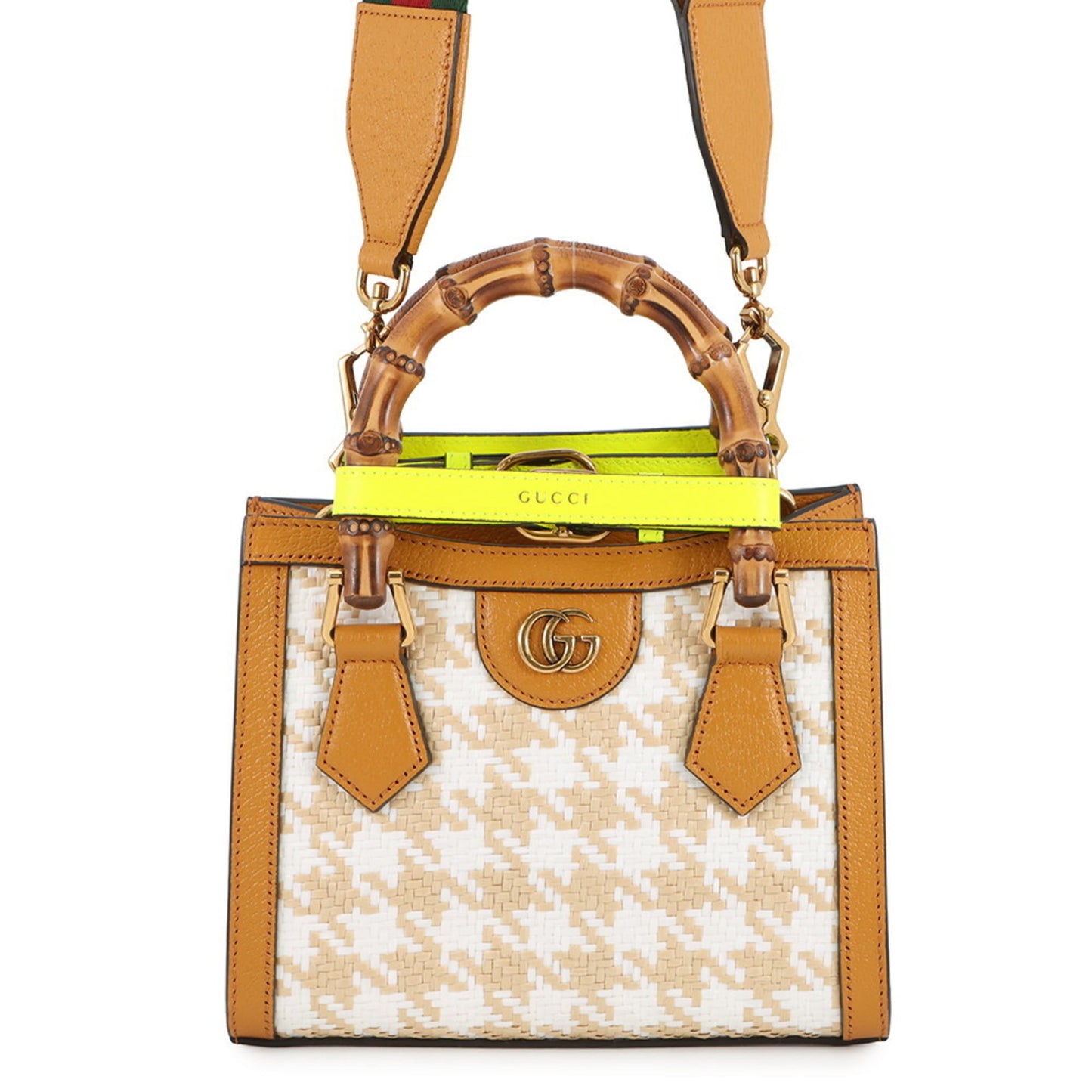 Gucci Light Brown White Raffia Leather Handbag
