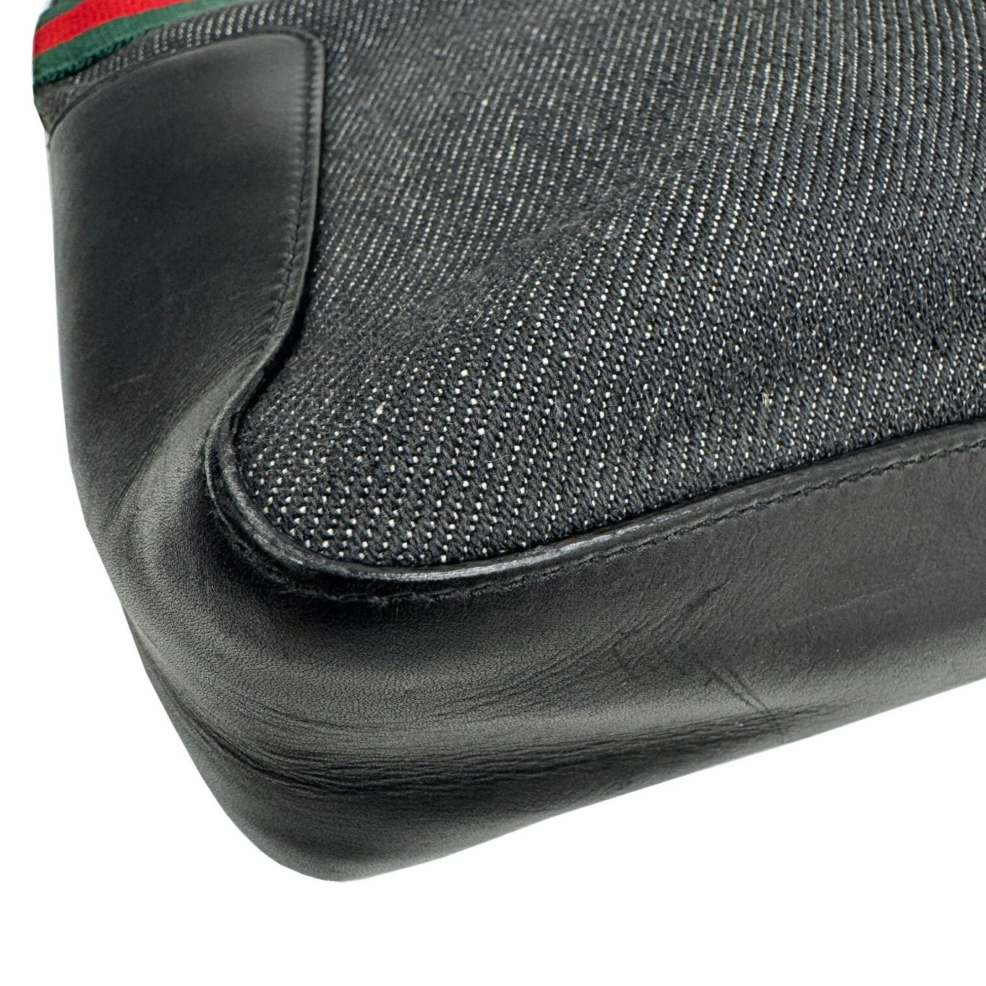 Gucci Sherry Line Black Denim Leather Handbag Tote Bag