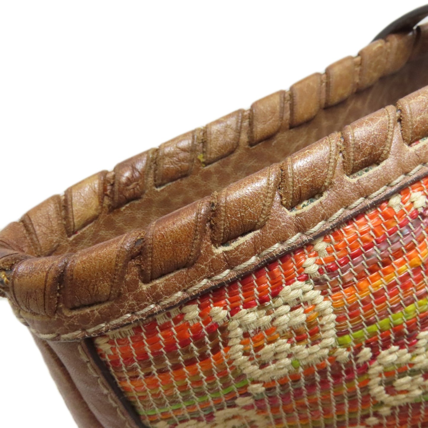 Gucci Blue Brown Orange Leather Straw Tote Bag
