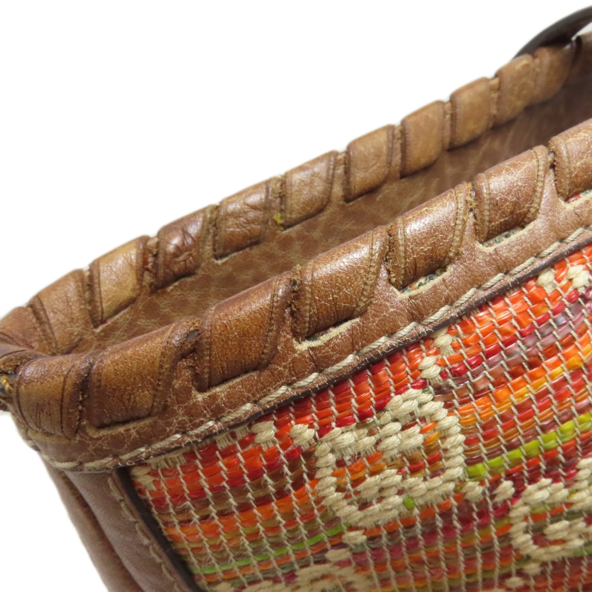 Gucci Blue Brown Orange Leather Straw Tote Bag