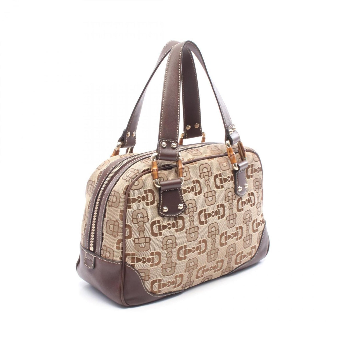 Gucci Beige Brown Canvas Leather Boston Bag Handbag