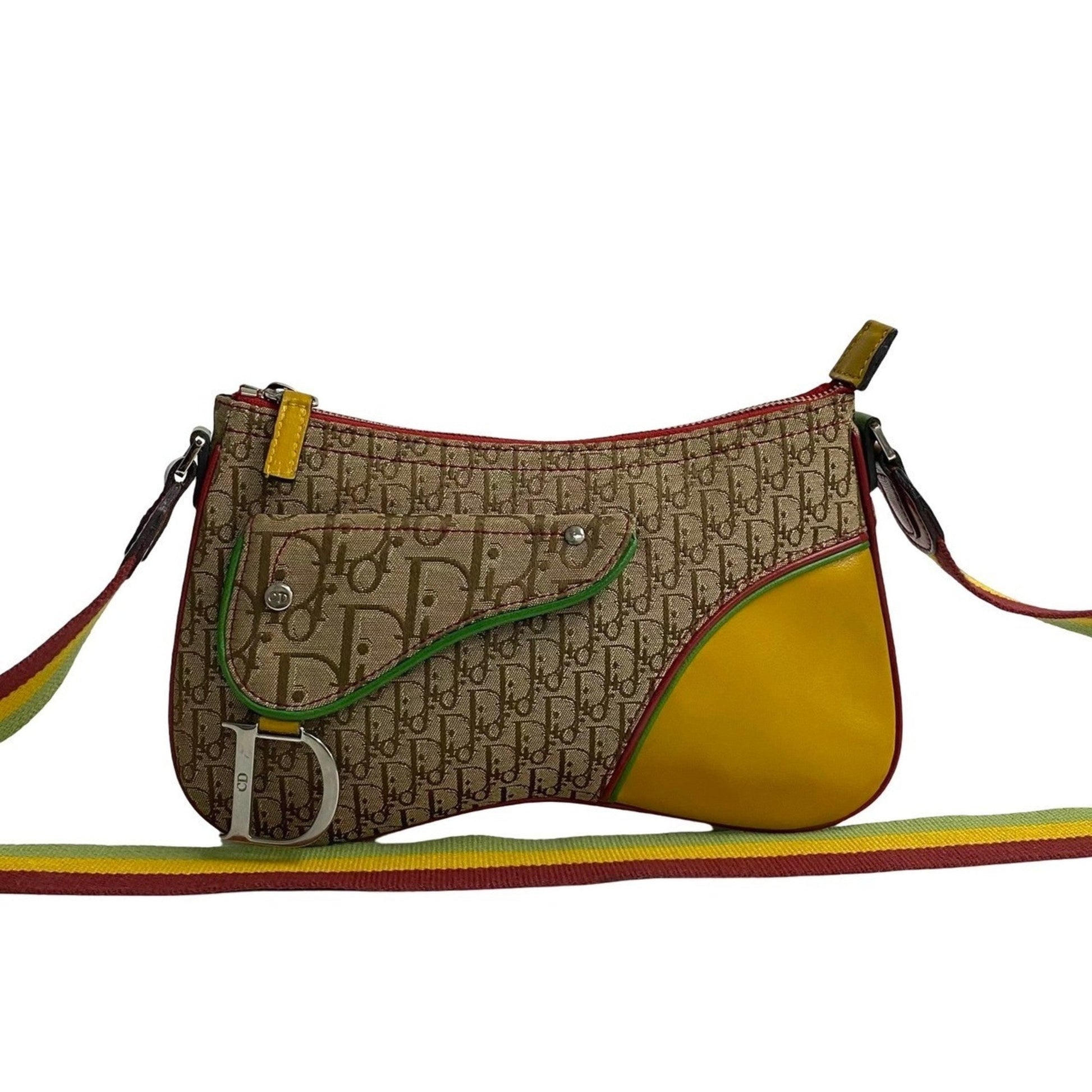 Dior Shoulder Bag Christian Pochette Saddle Bag Leather Canvas Beige