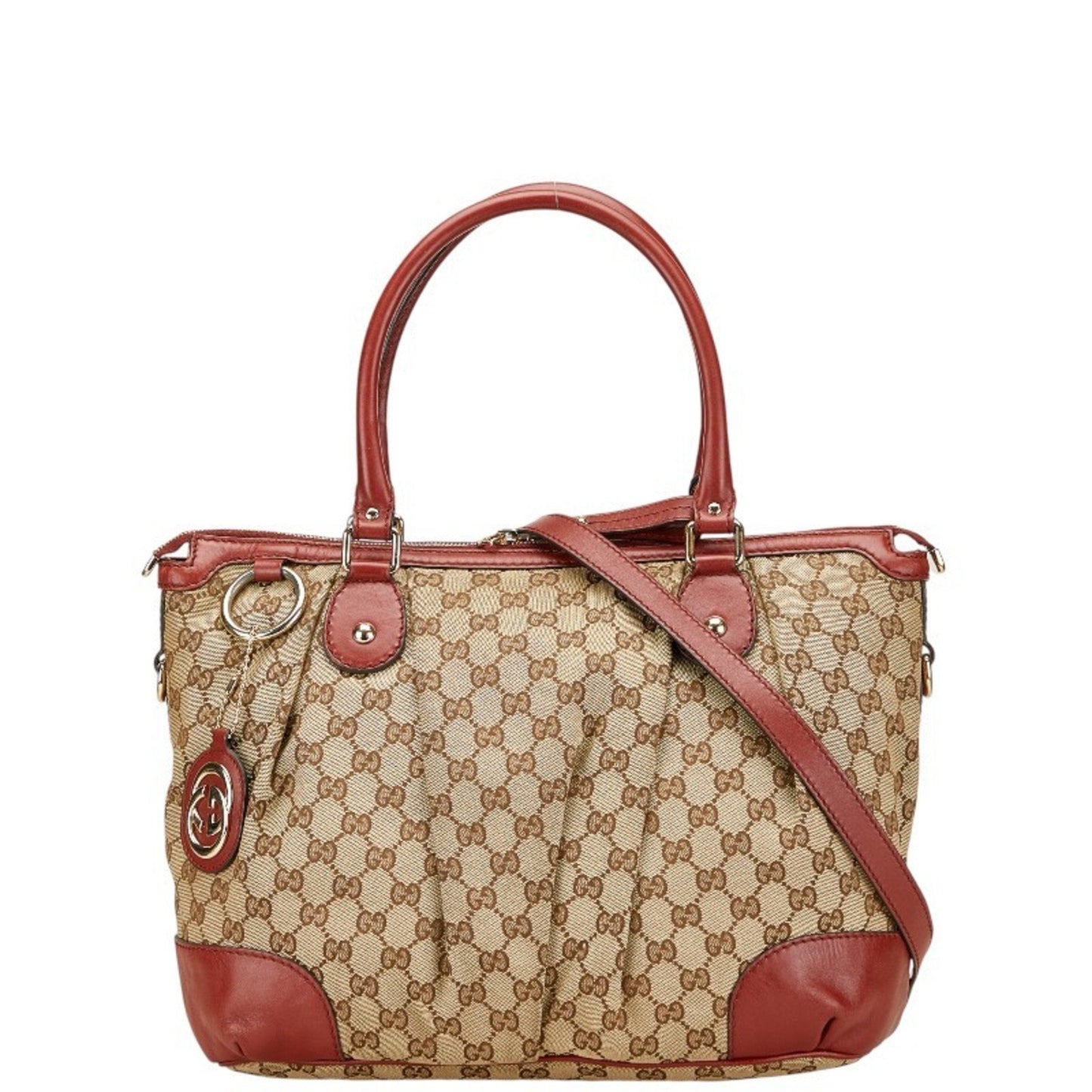 Gucci Beige Red Color Canvas Leather Shoulder Bag Tote Bag