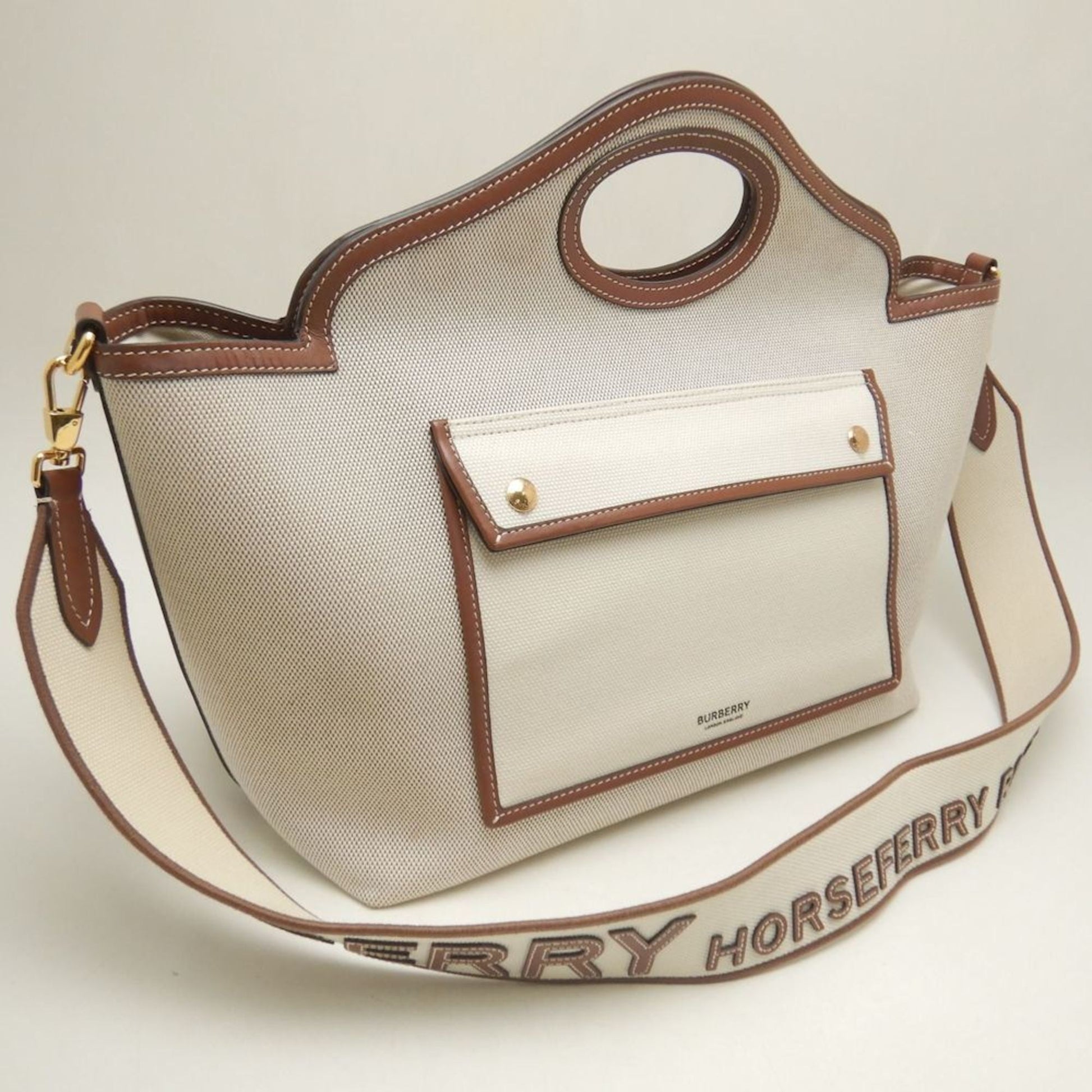 Burberry Tote Bag Leather Canvas Gold