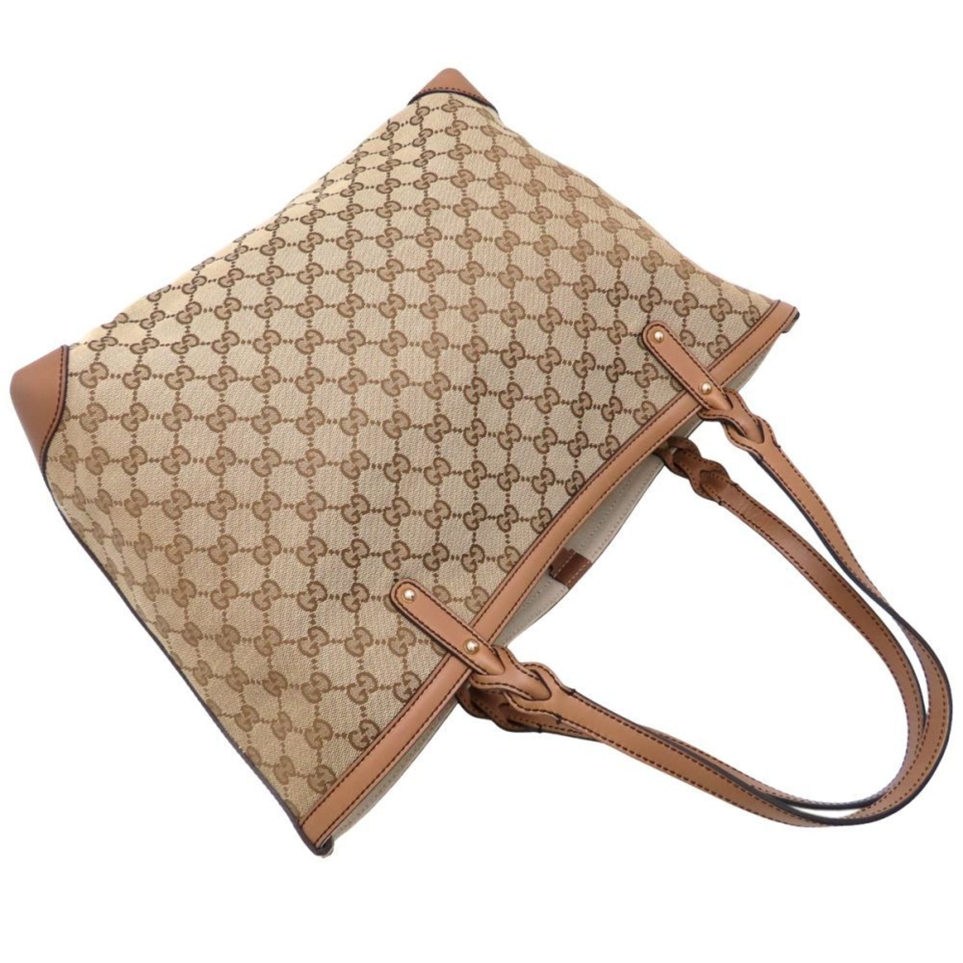 Gucci Gg Canvas Beige Brown Gg Canvas Leather Tote Bag
