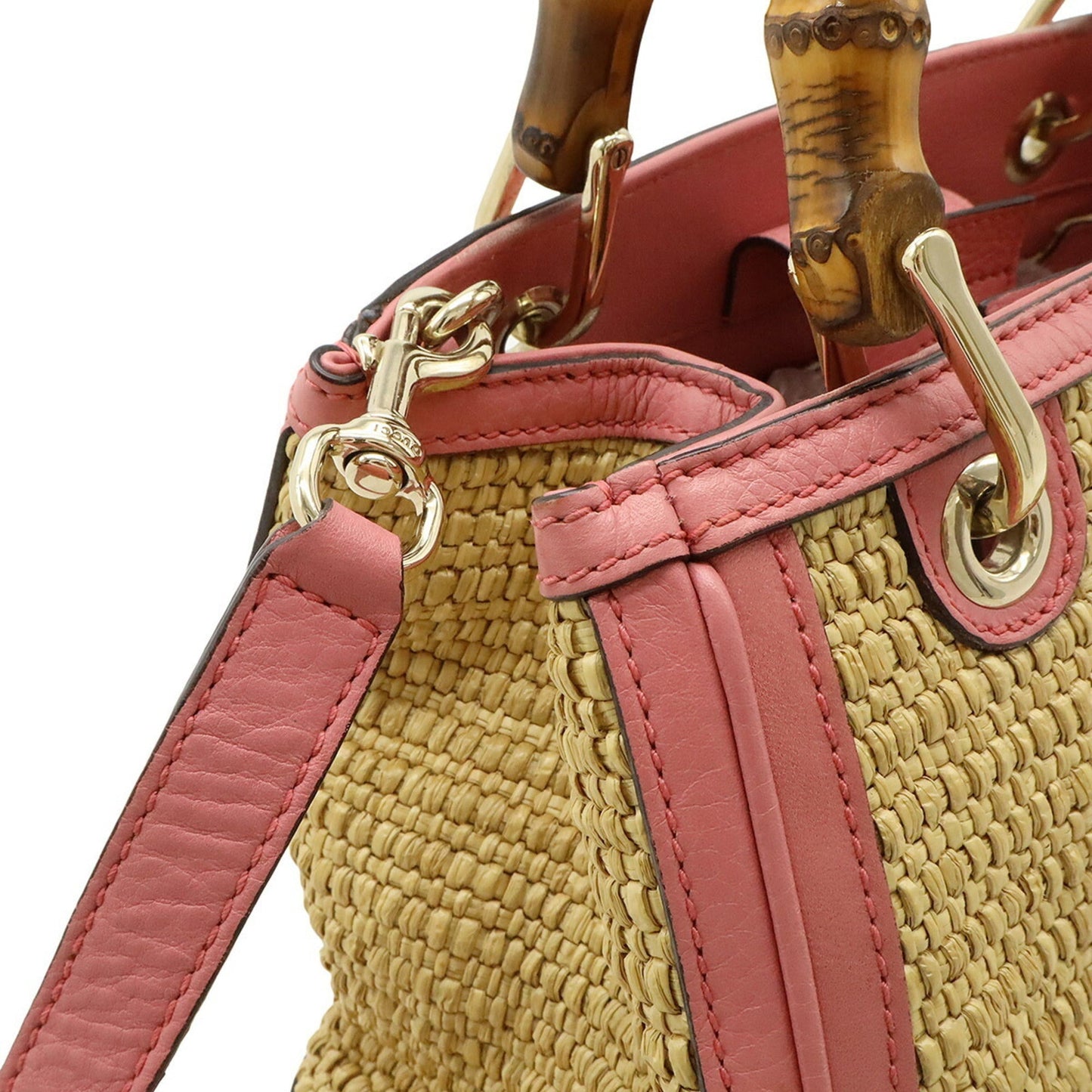 Gucci Pink Straw Leather Bamboo Handbag Shoulder Bag