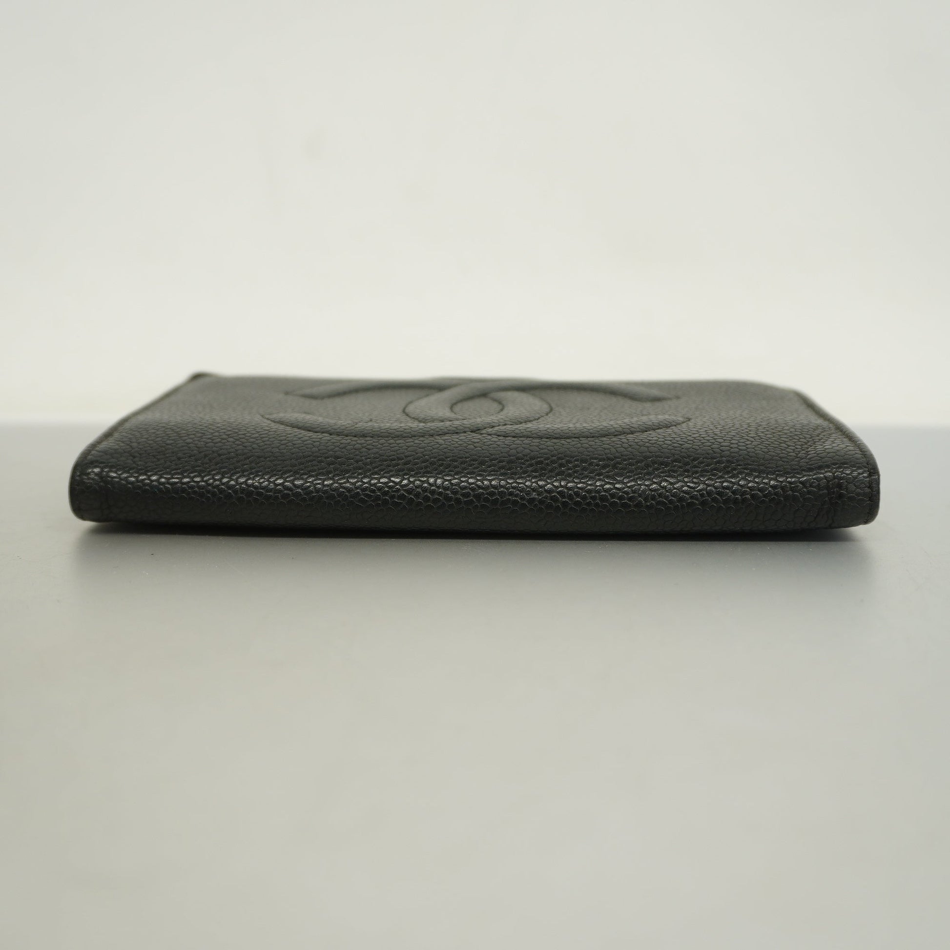 Chanel[3cc2399] Auth  long wallet caviar skin black gold metal