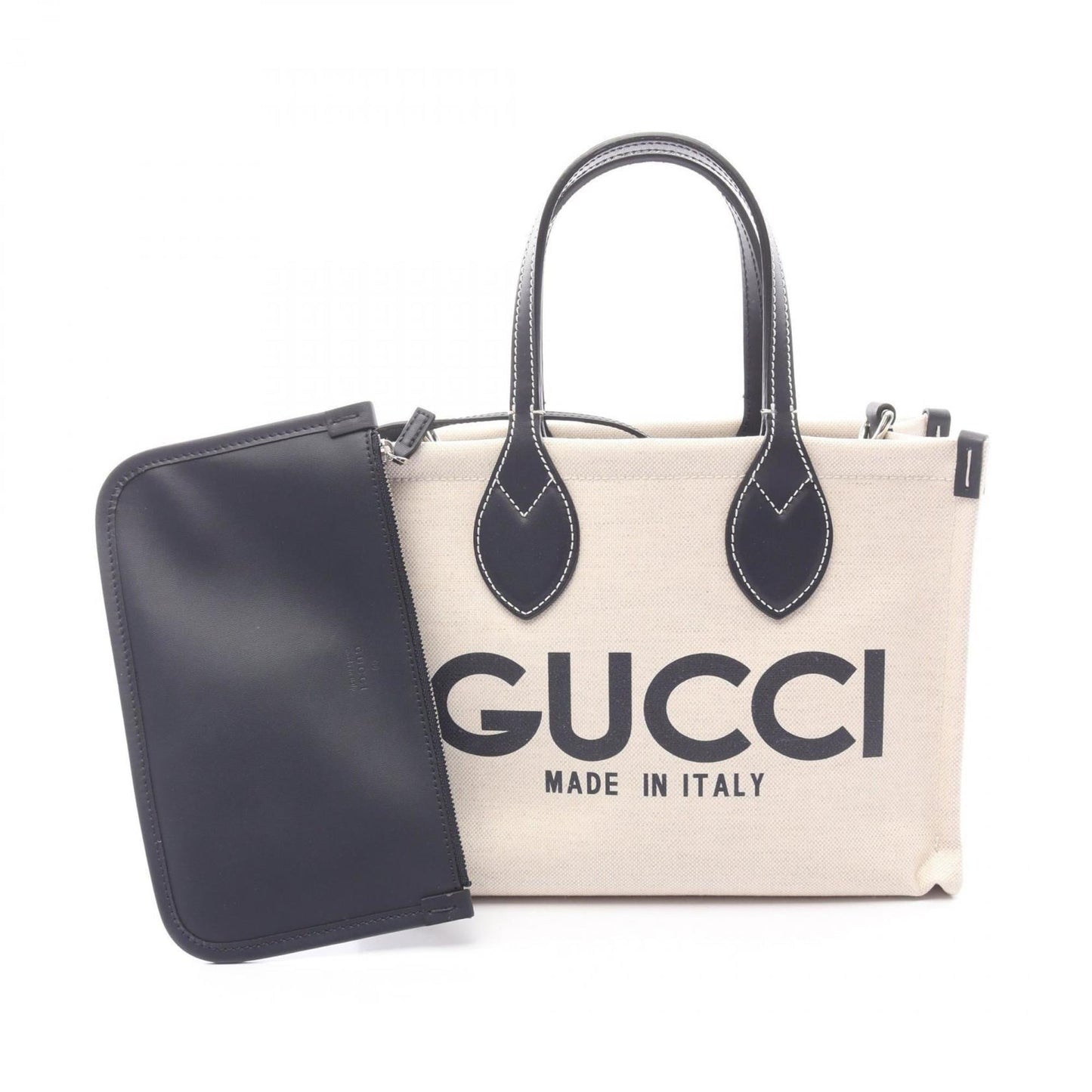Gucci Ivory Navy Canvas Leather Pouch Tote Bag