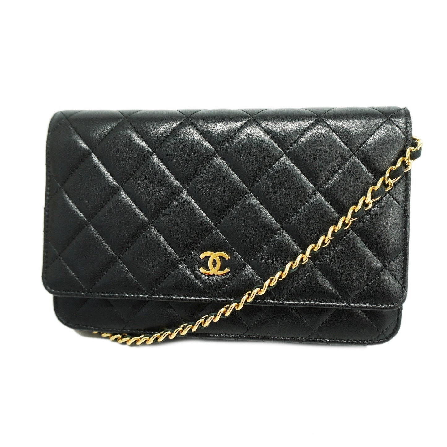 ChanelAuth  Matelasse Chain Shoulder Gold Hardware Lambskin Wallet Black