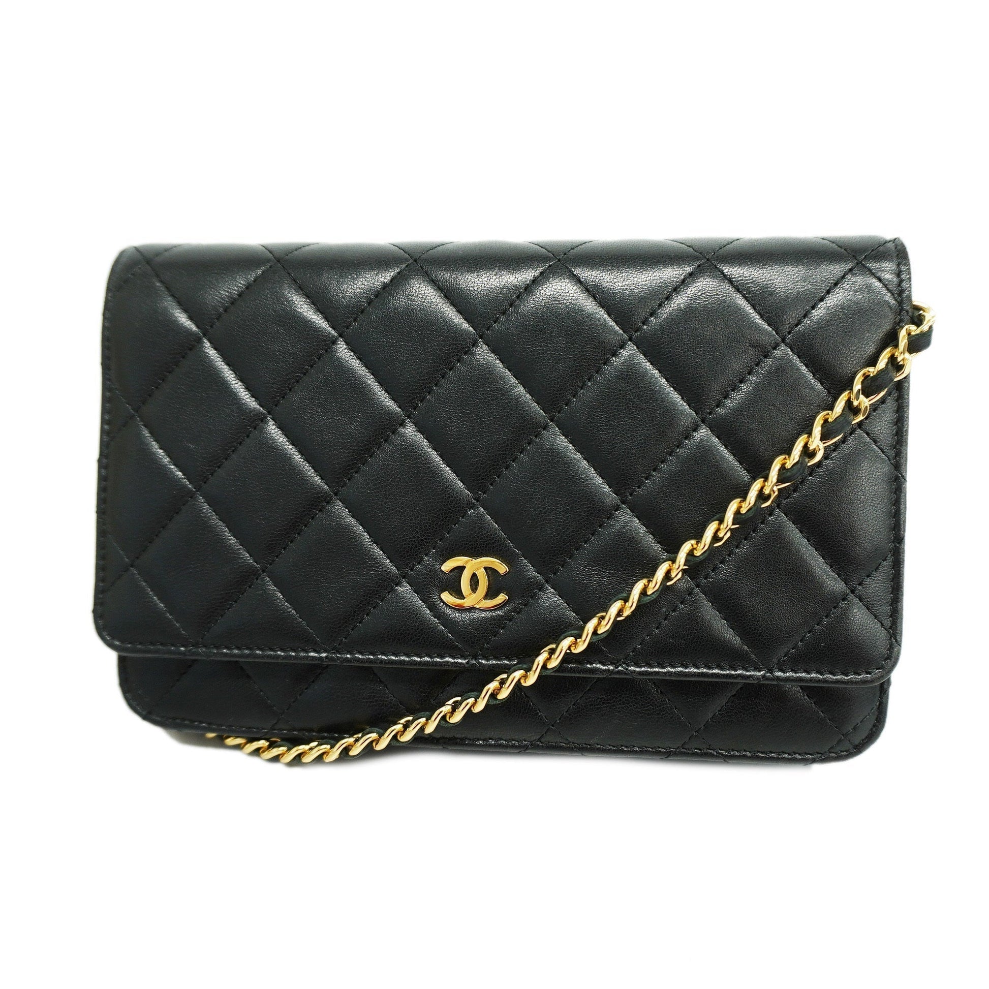 ChanelAuth  Matelasse Chain Shoulder Gold Hardware Lambskin Wallet Black