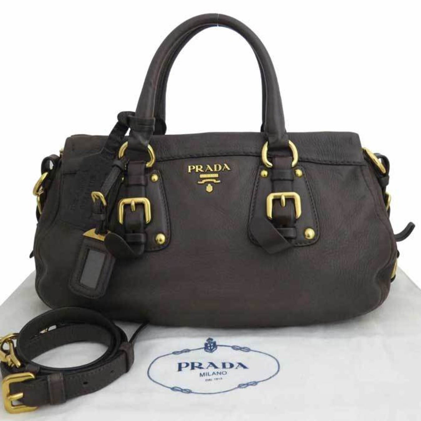 Prada 2Way Bag Fittings Handbag Shoulder Ladies Leather Metal Brown Shoulder Bag