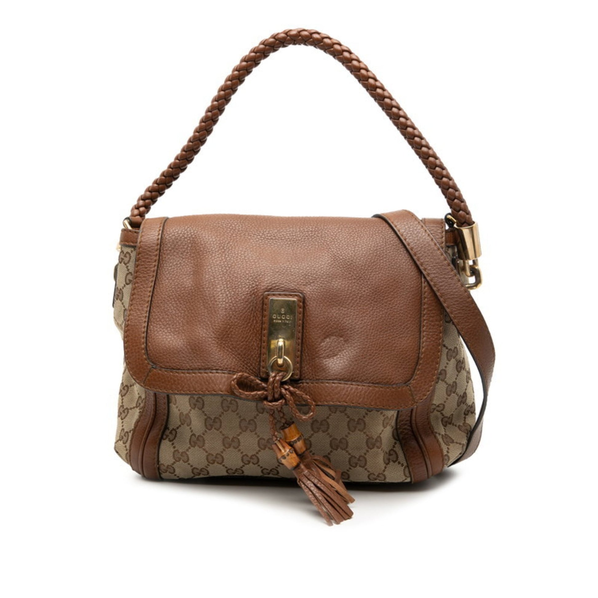 Gucci Beige Brown Canvas Leather Handbag Shoulder Bag