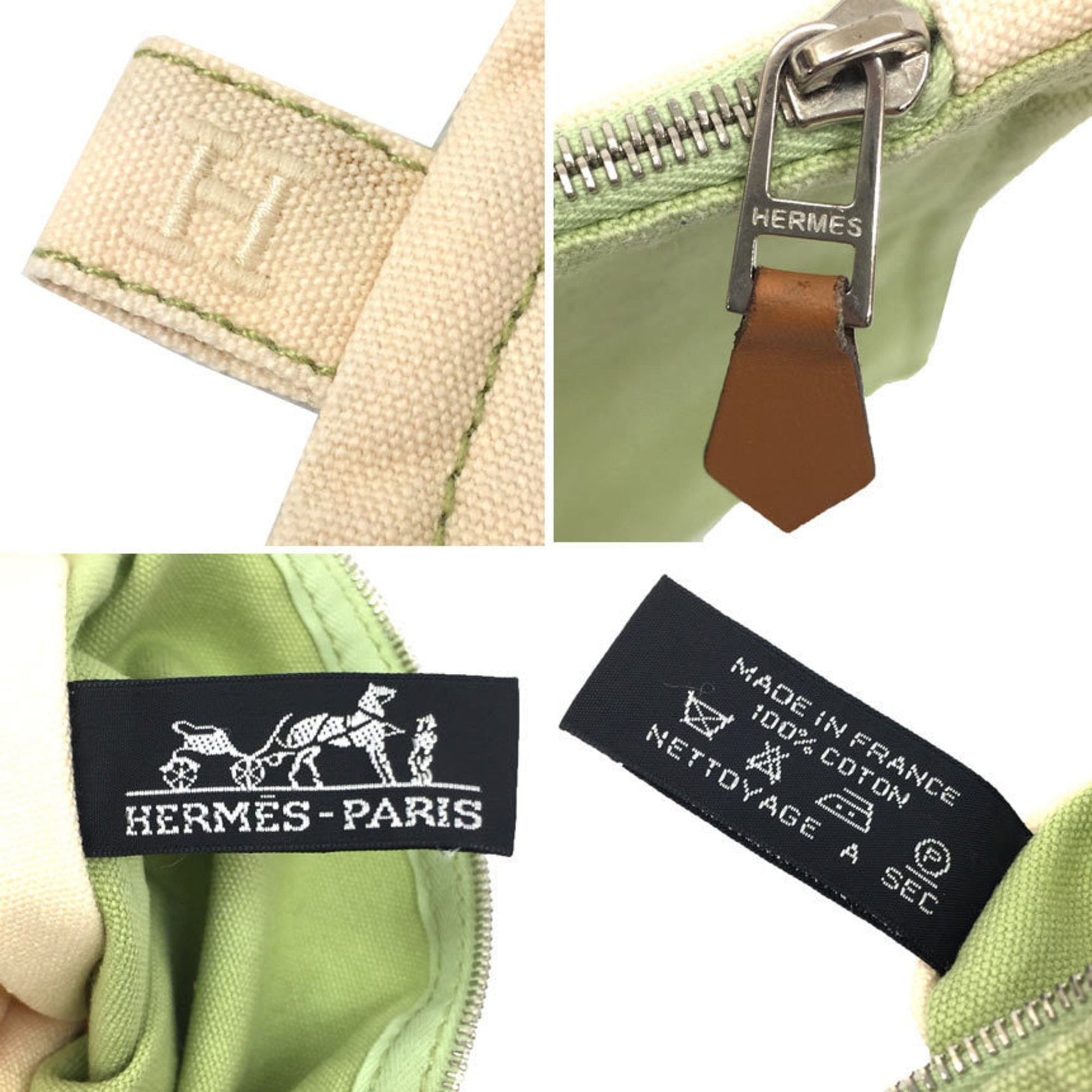 Hermes Lime Cotton Clutch Bag Pouch Canvas Green Cream