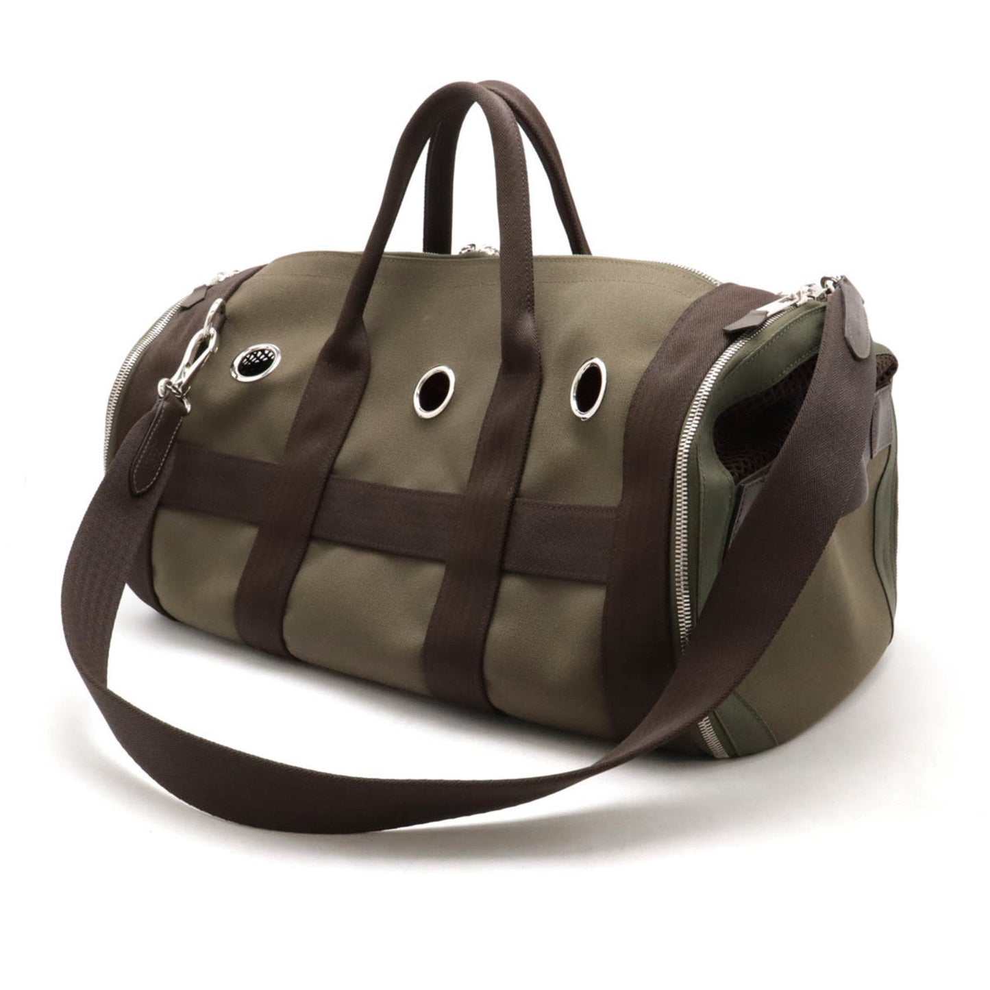 Hermes Dark Khaki Boston Bag Shoulder Bag Leather Canvas Brown