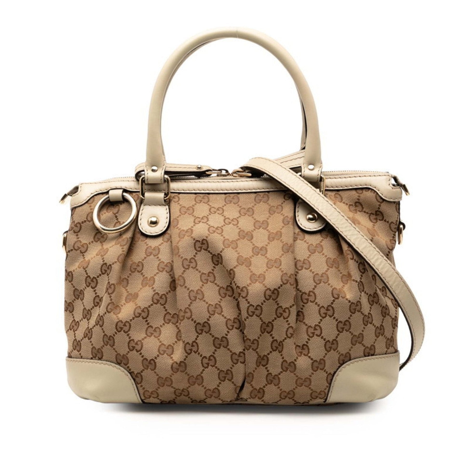 Gucci Beige White Canvas Leather Handbag Shoulder Bag