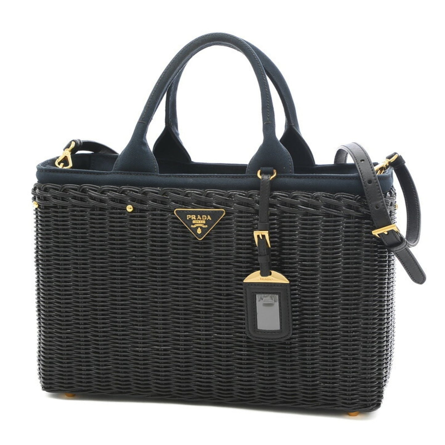 Prada Bag 2Way Rattan Canvas Black Navy Travel Bag