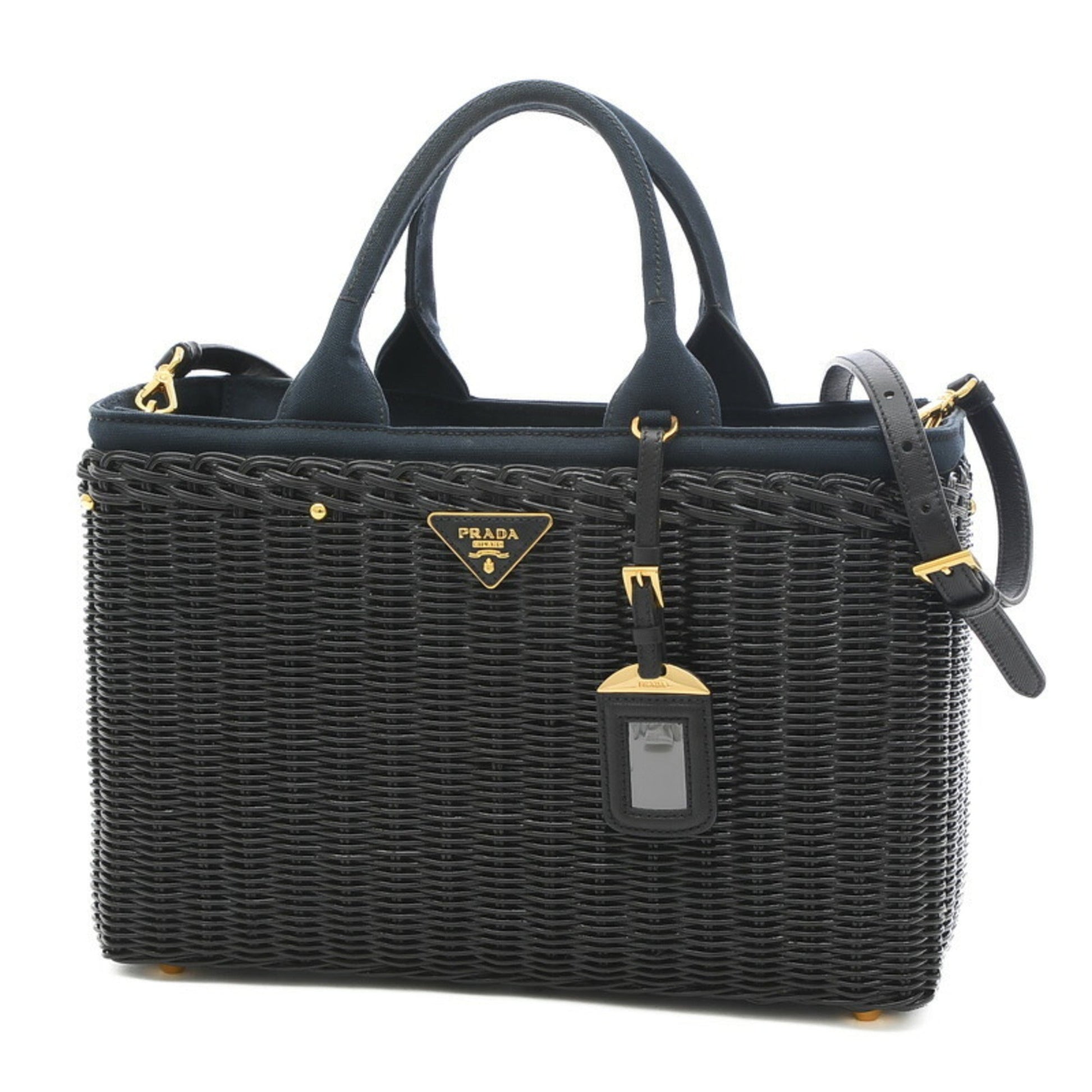 Prada Bag 2Way Rattan Canvas Black Navy Travel Bag