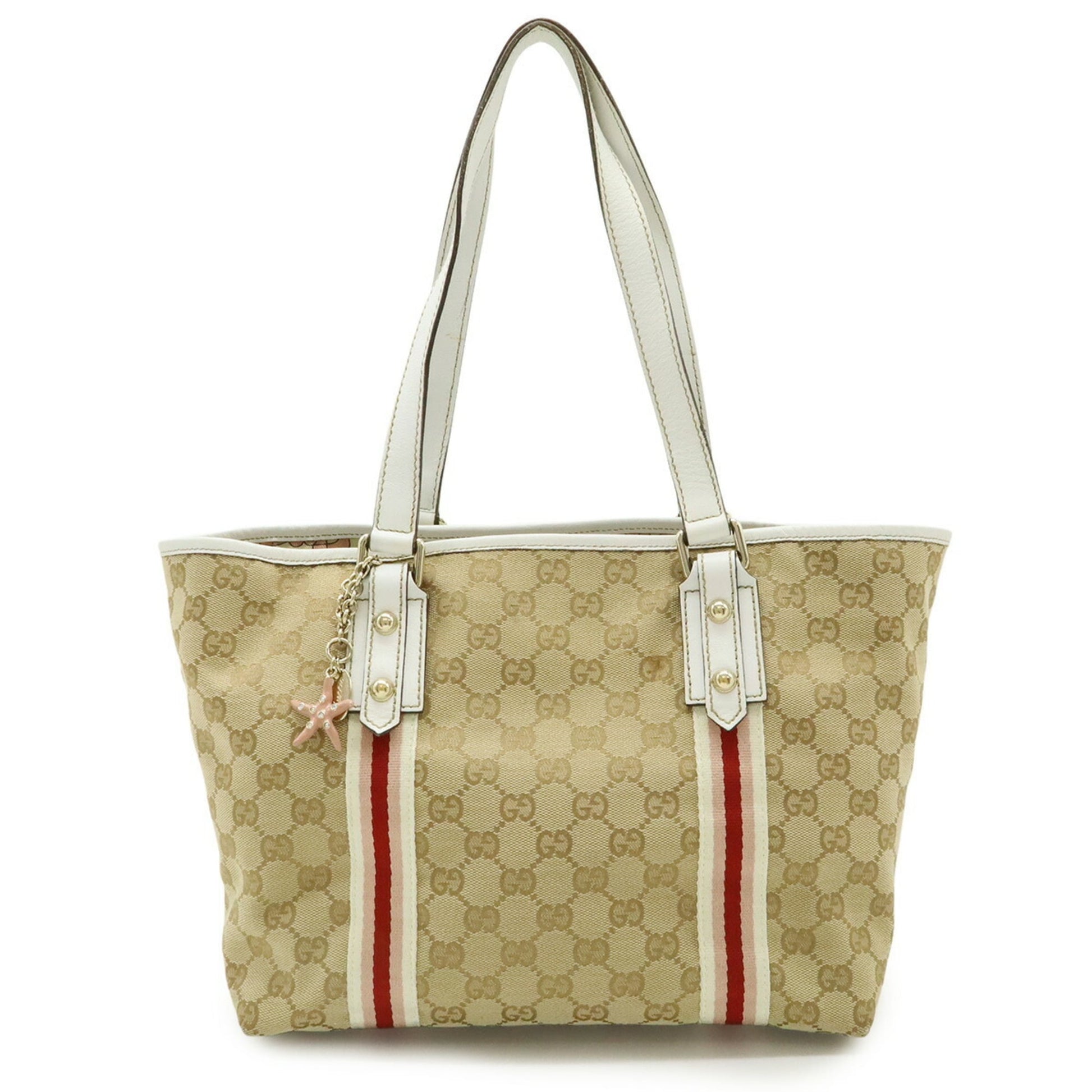Gucci Beige Khaki White Canvas Leather Shoulder Bag Tote Bag