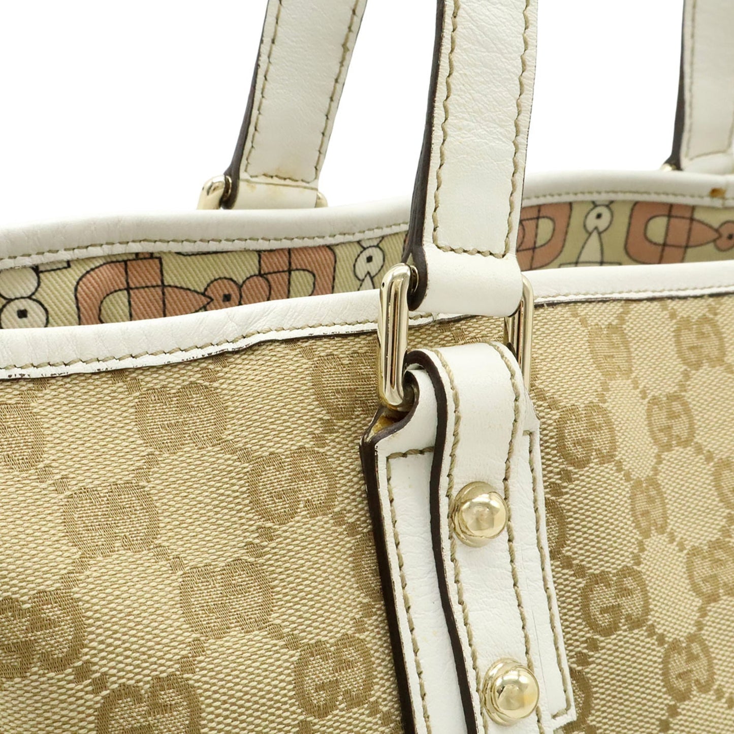 Gucci Beige Khaki White Canvas Leather Shoulder Bag Tote Bag