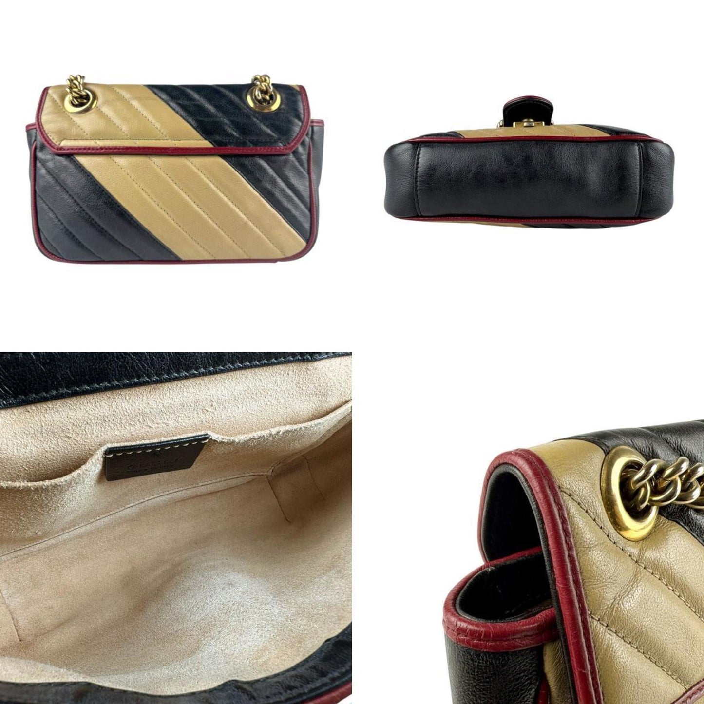 Gucci Beige Black Gold Leather Metal Shoulder Bag