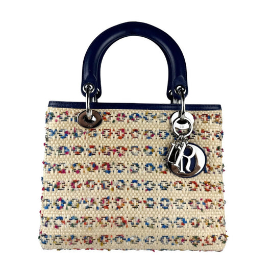 Dior Handbag Christian Multi-Color Shoulder Bag Leather Raffia Beige