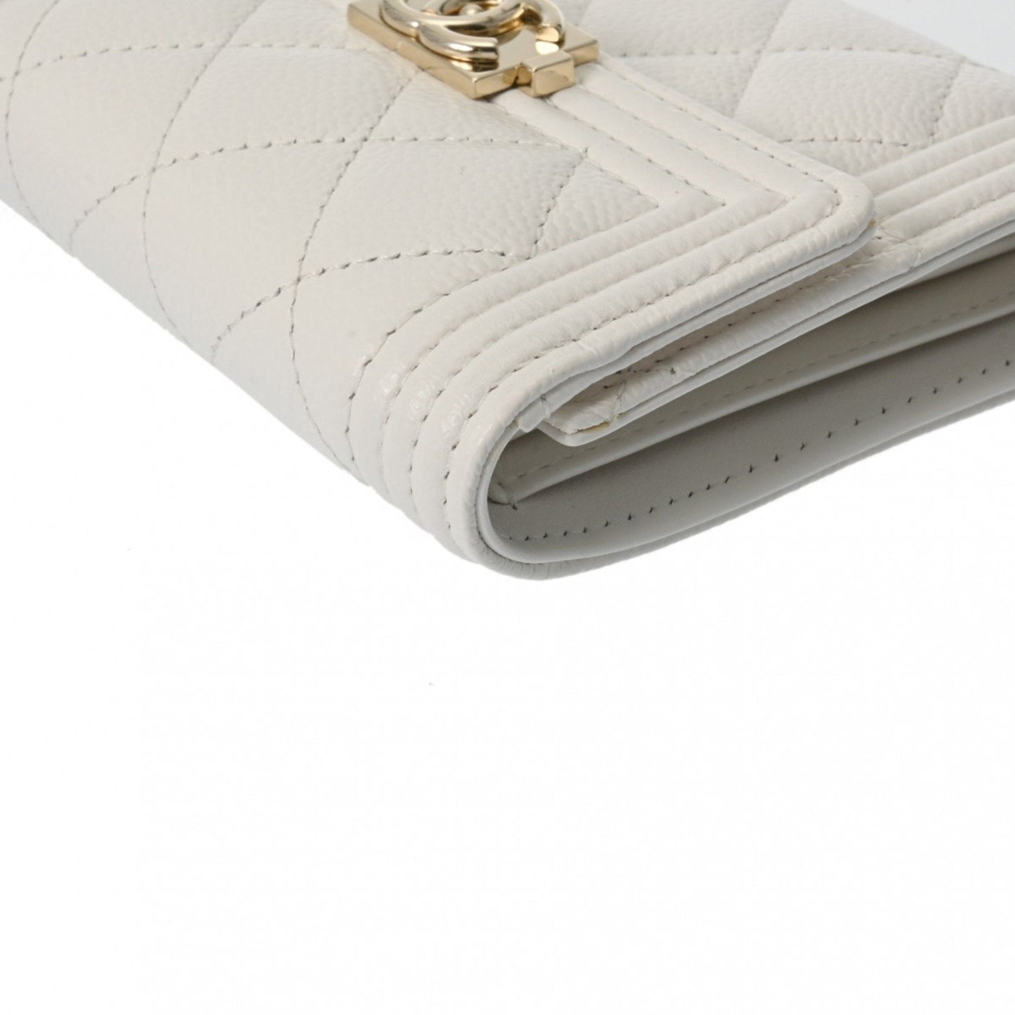 CHANEL Boy Chanel Compact Wallet White Women's Caviar Skin Tri-fold