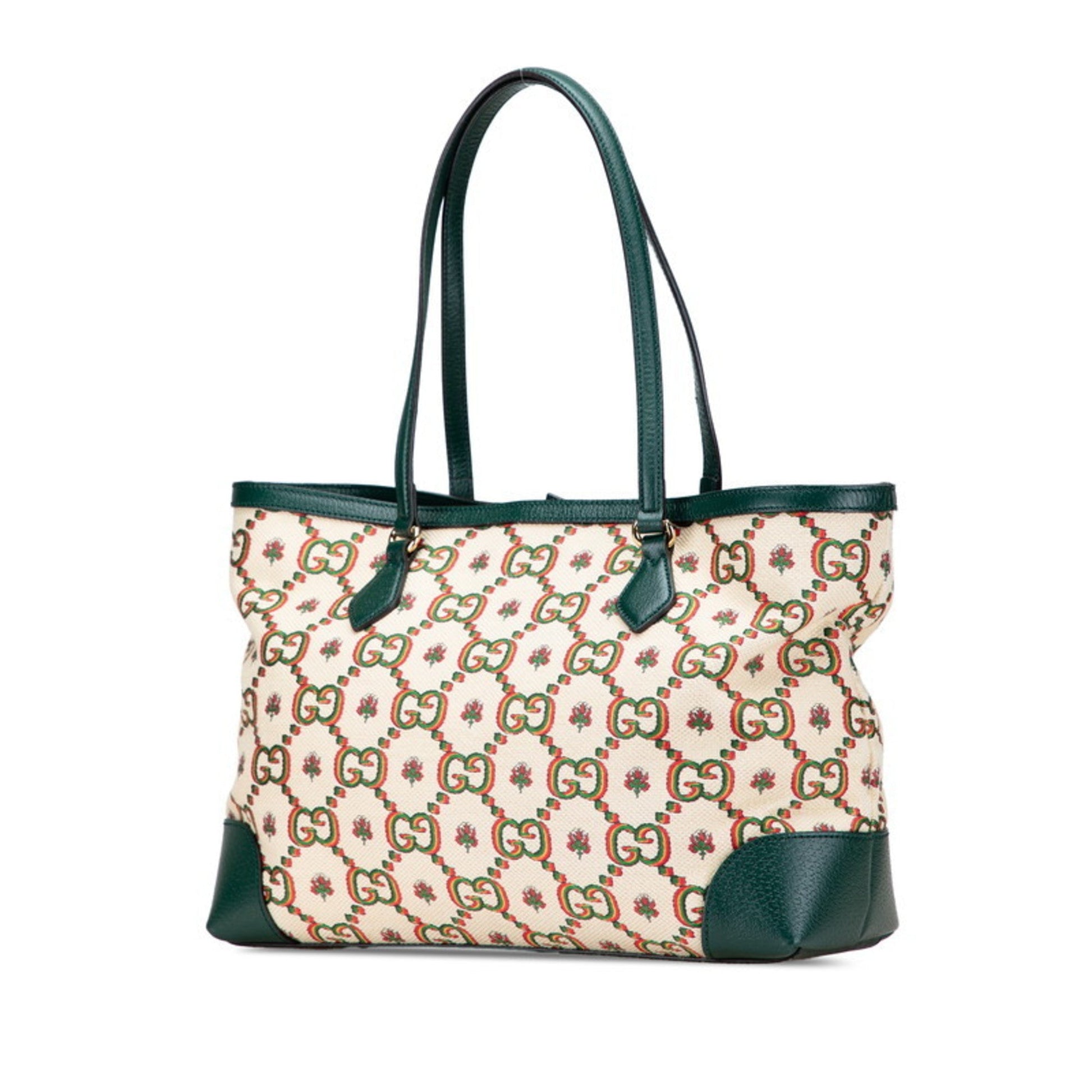 Gucci Ophidia Beige Green Multi-Color Canvas Leather Tote Bag