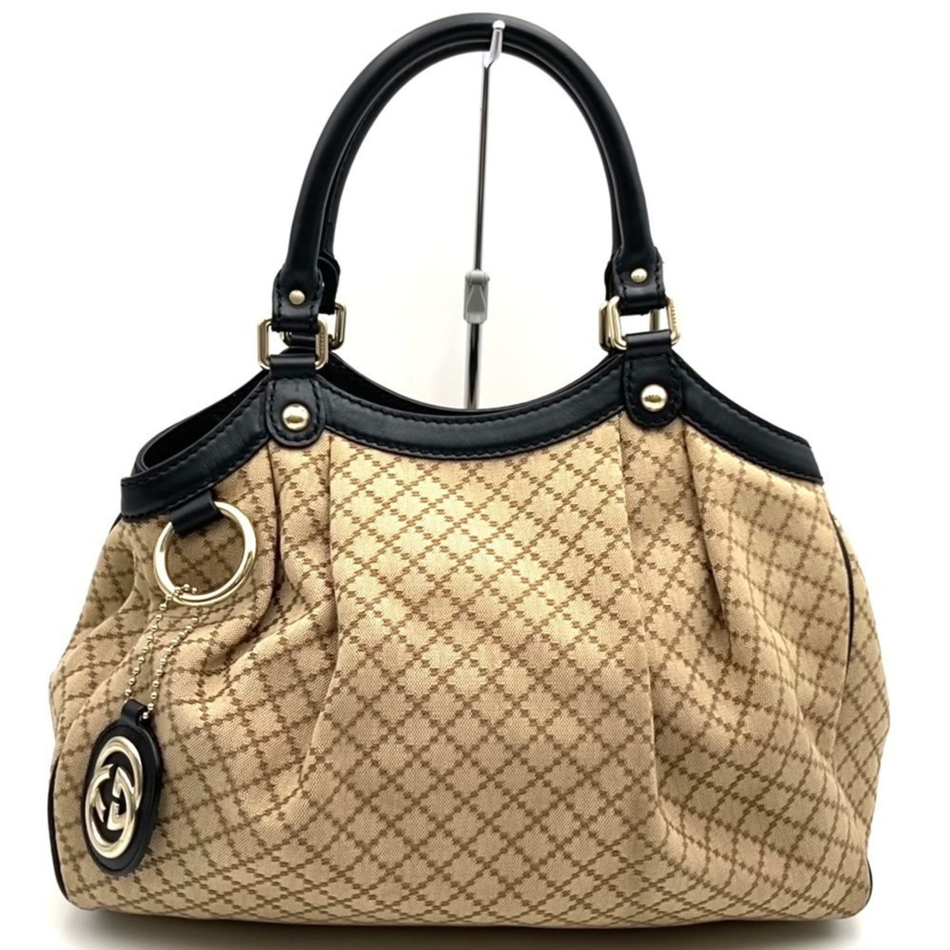Gucci Beige Black Brown Canvas Leather Tote Bag