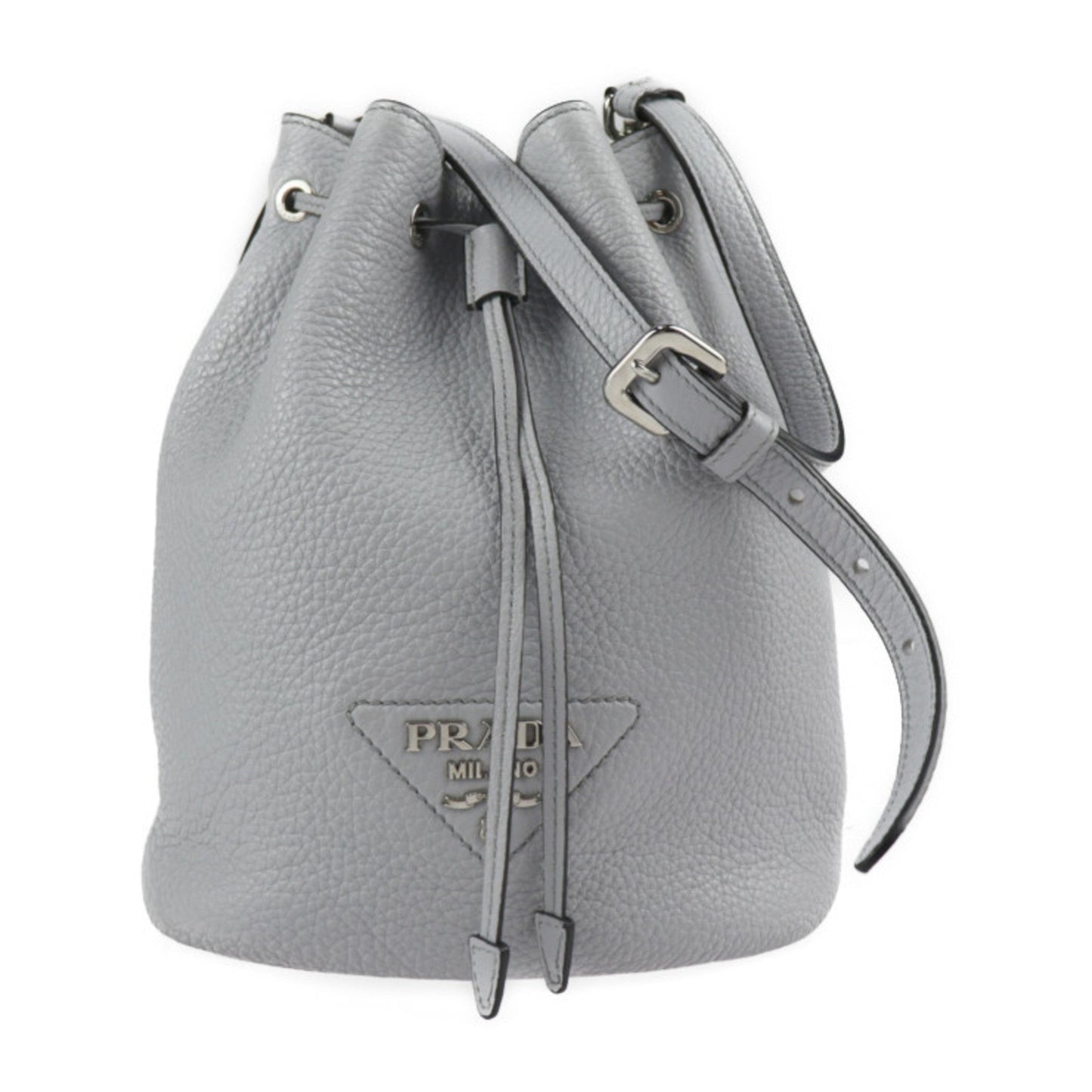 Prada Shoulder Bag Hardware Drawstring Triangle Plate Leather Silver Gray