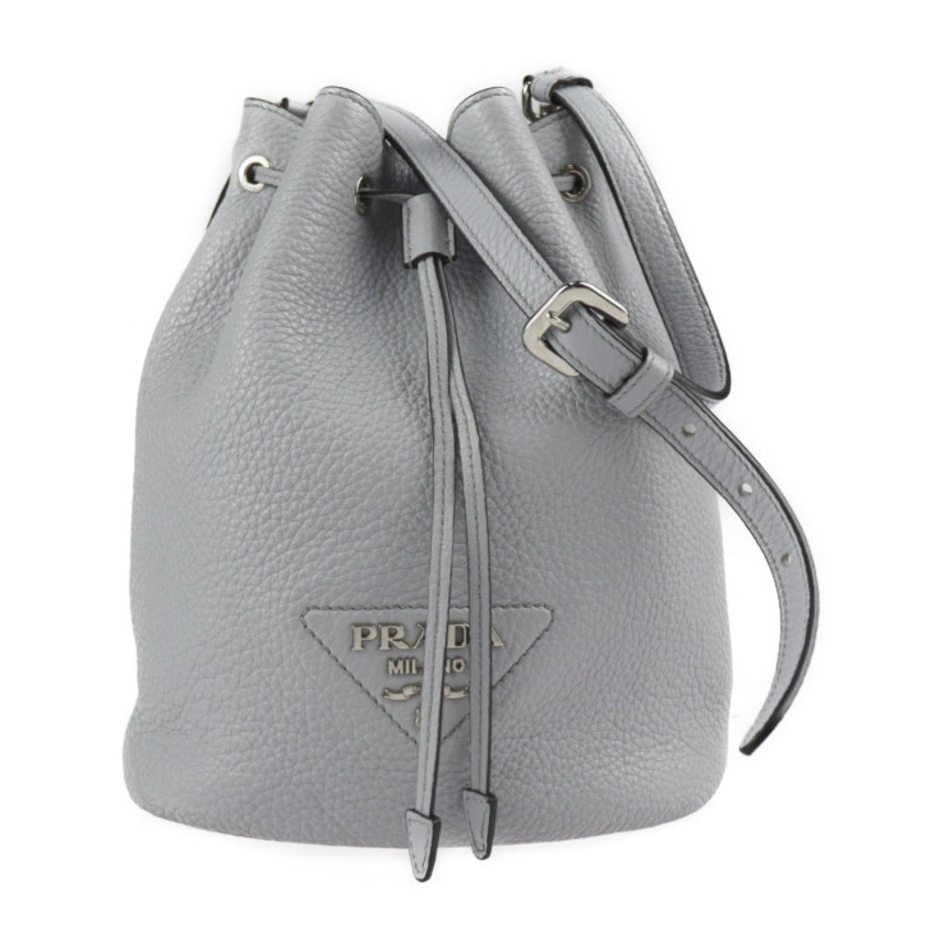 Prada Shoulder Bag Hardware Drawstring Triangle Plate Leather Silver Gray