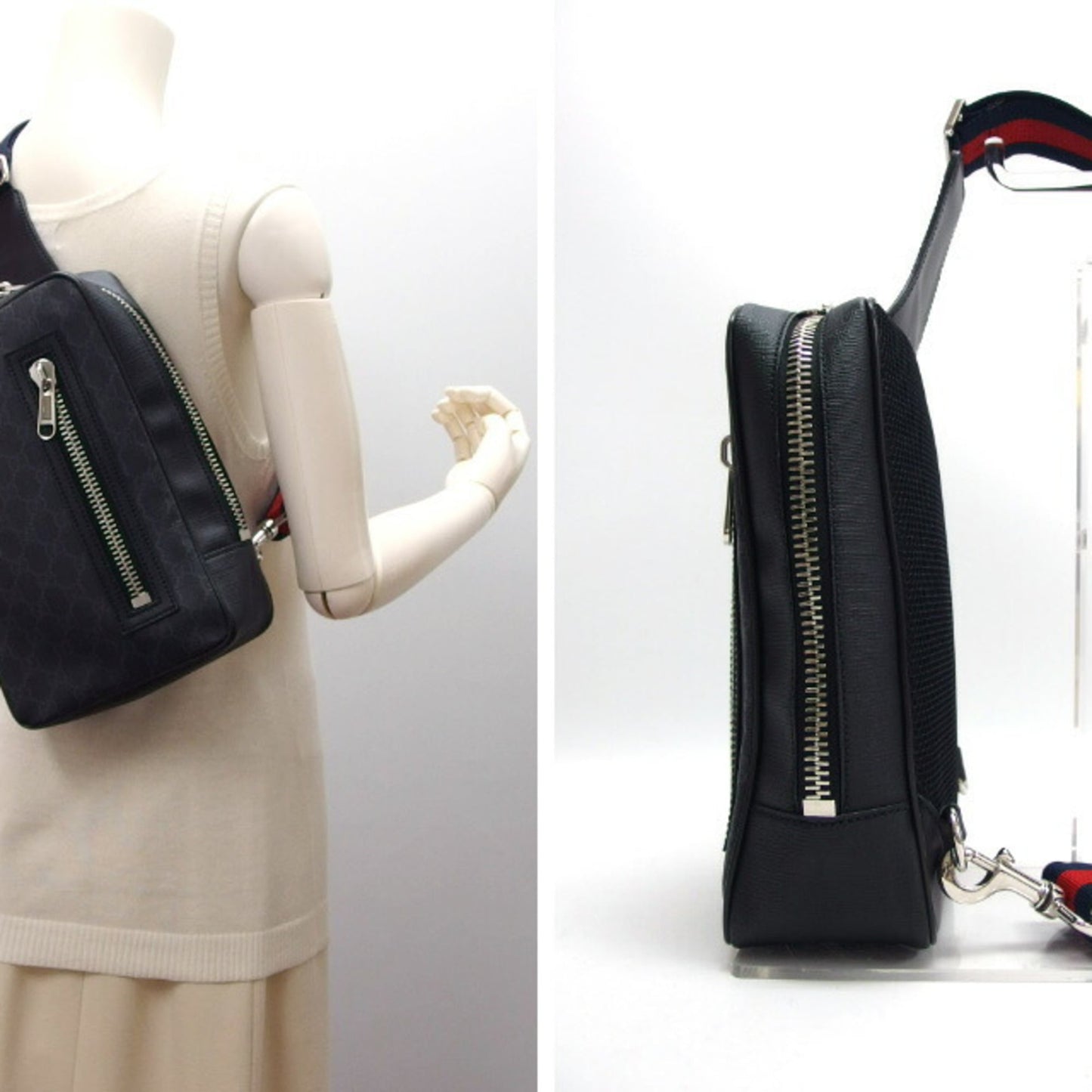 Gucci Black Navy Red Color Coated Canvas Leather Shoulder Bag Sling Bag