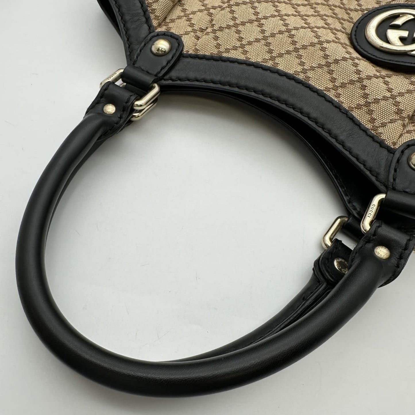 Gucci Beige Black Brown Canvas Leather Tote Bag