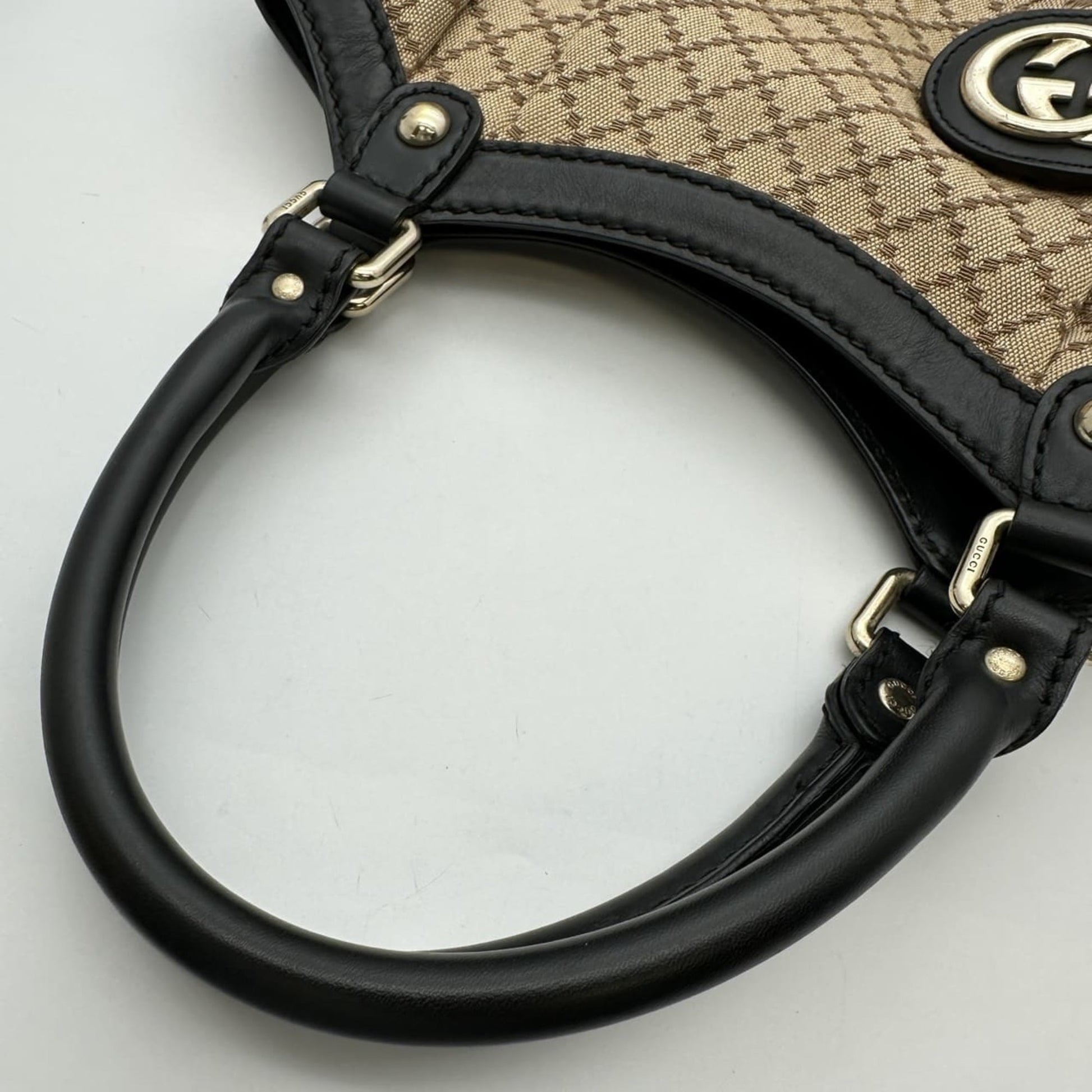 Gucci Beige Black Brown Canvas Leather Tote Bag