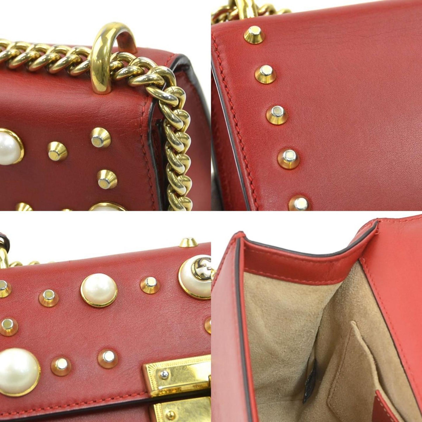Gucci Red Color Leather Artificial Pearl Metal Shoulder Bag