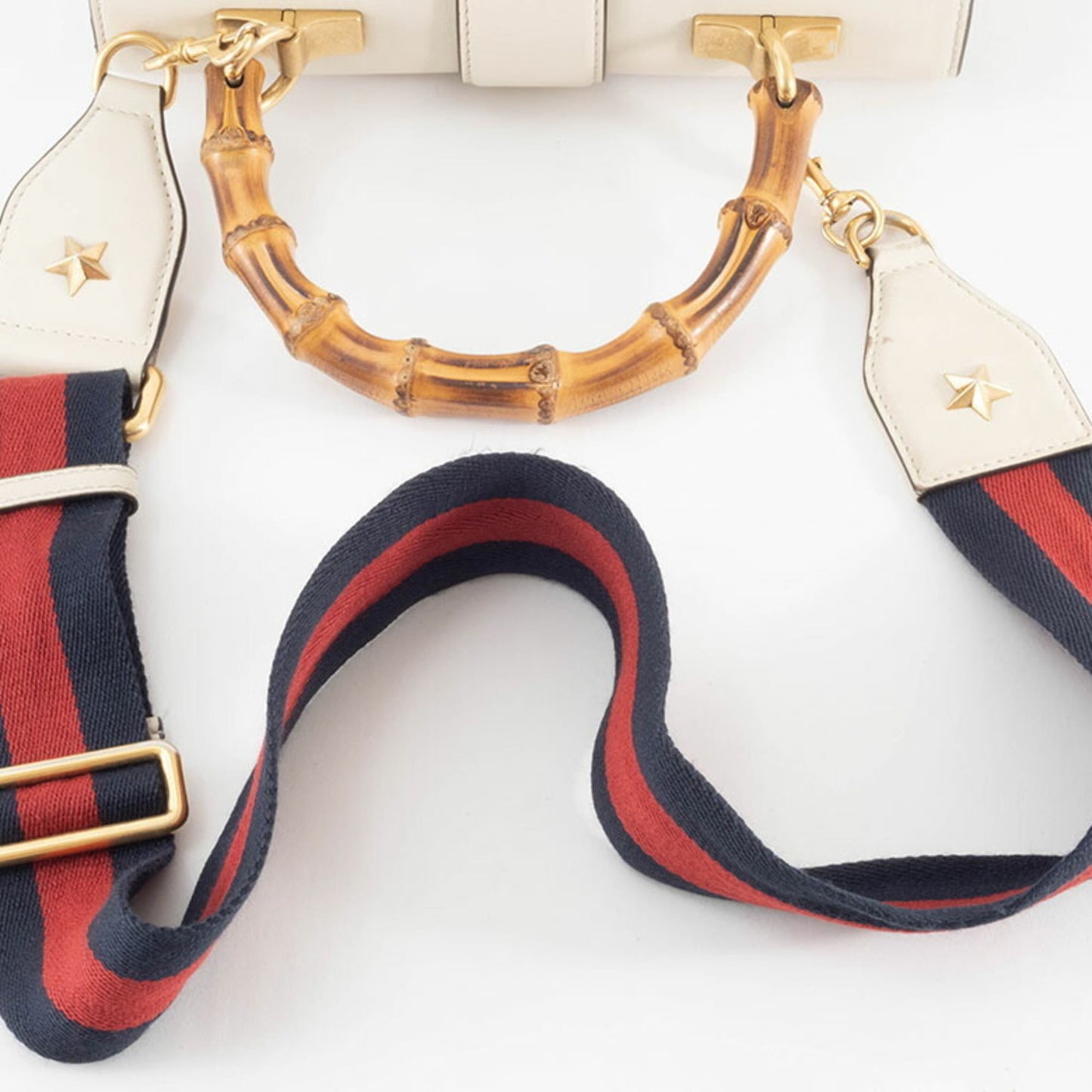 Gucci Ivory Navy Red Color Bamboo Leather Shoulder Bag