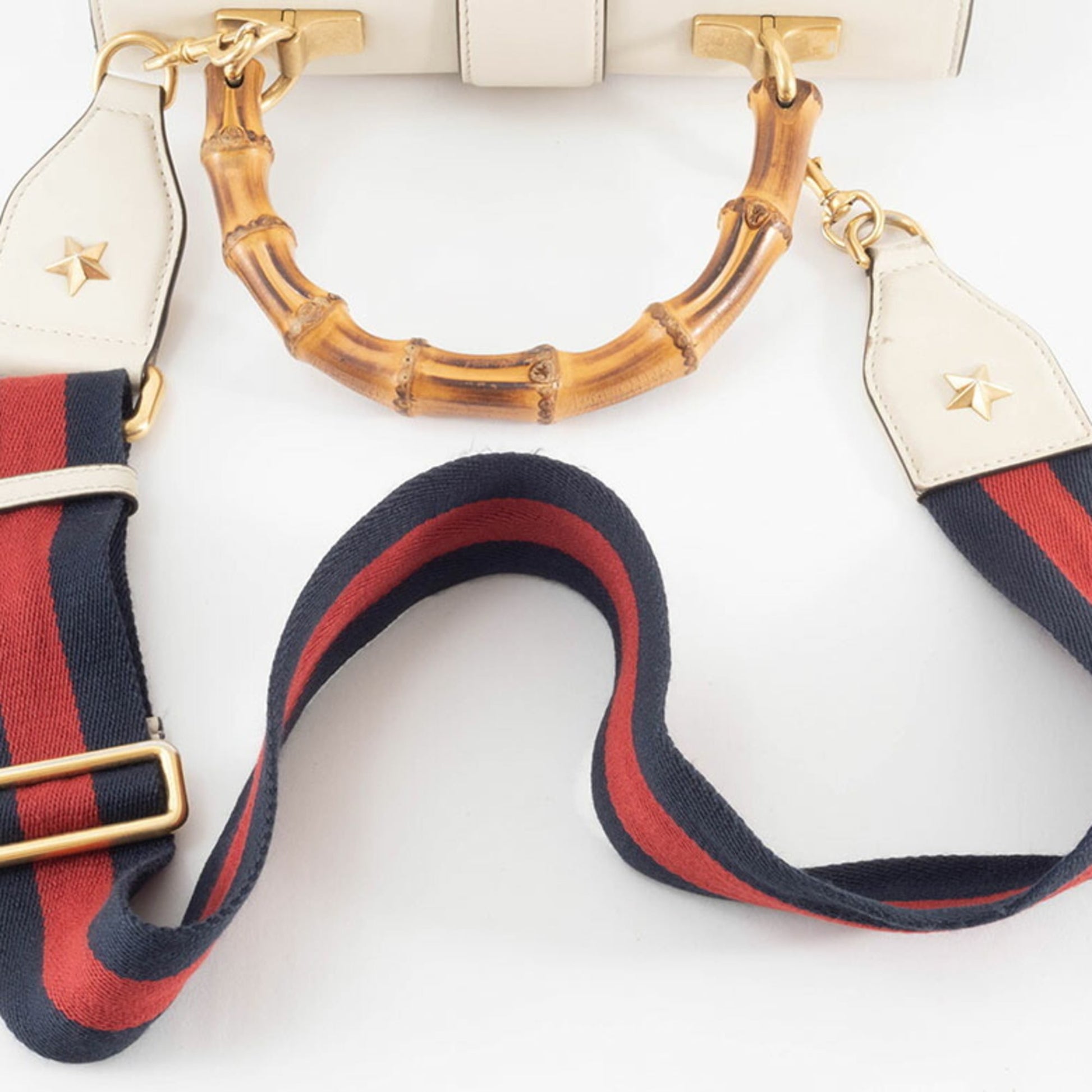 Gucci Ivory Navy Red Color Bamboo Leather Shoulder Bag