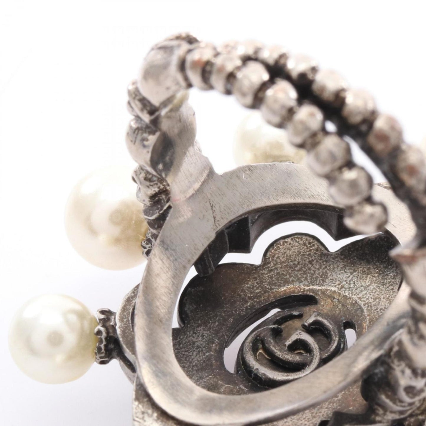 Gucci Silver Pink White Artificial Pearl Rhinestone Stainless Steel Band Ring
